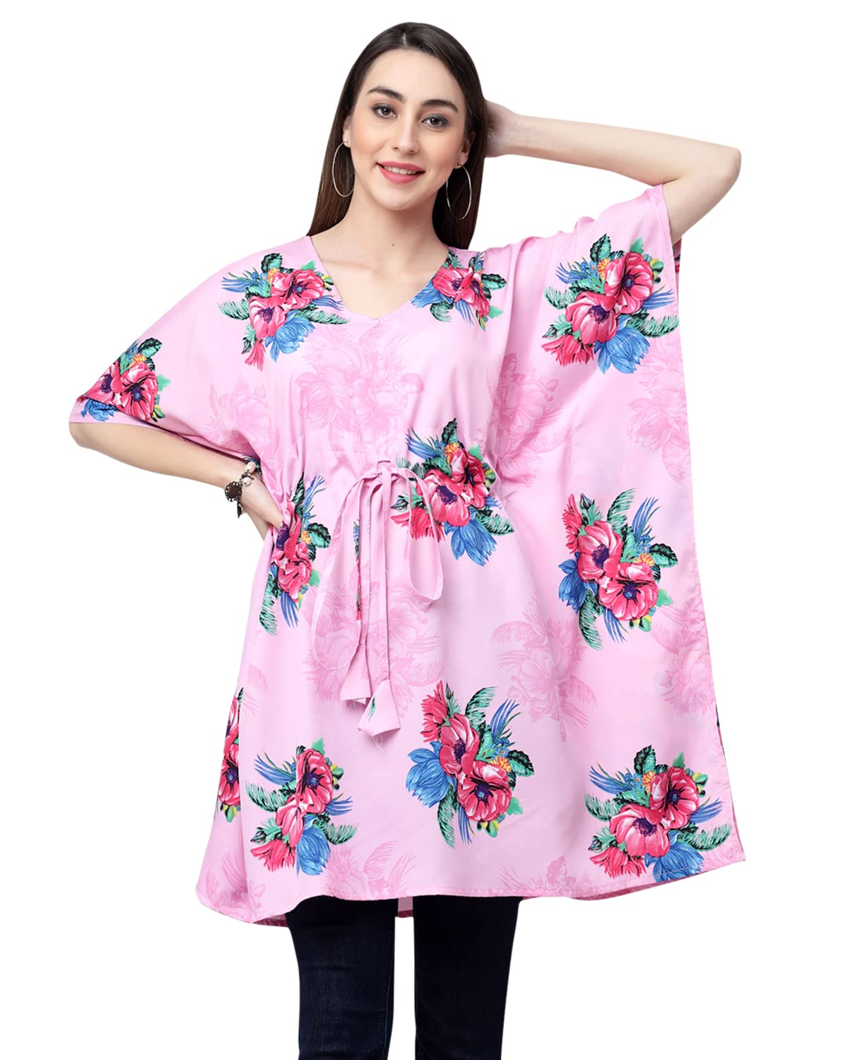 miss ayse Women's Crepe Kaftan Sleeve V Neck Printed Multicolor Kaftan for Women-picture-50