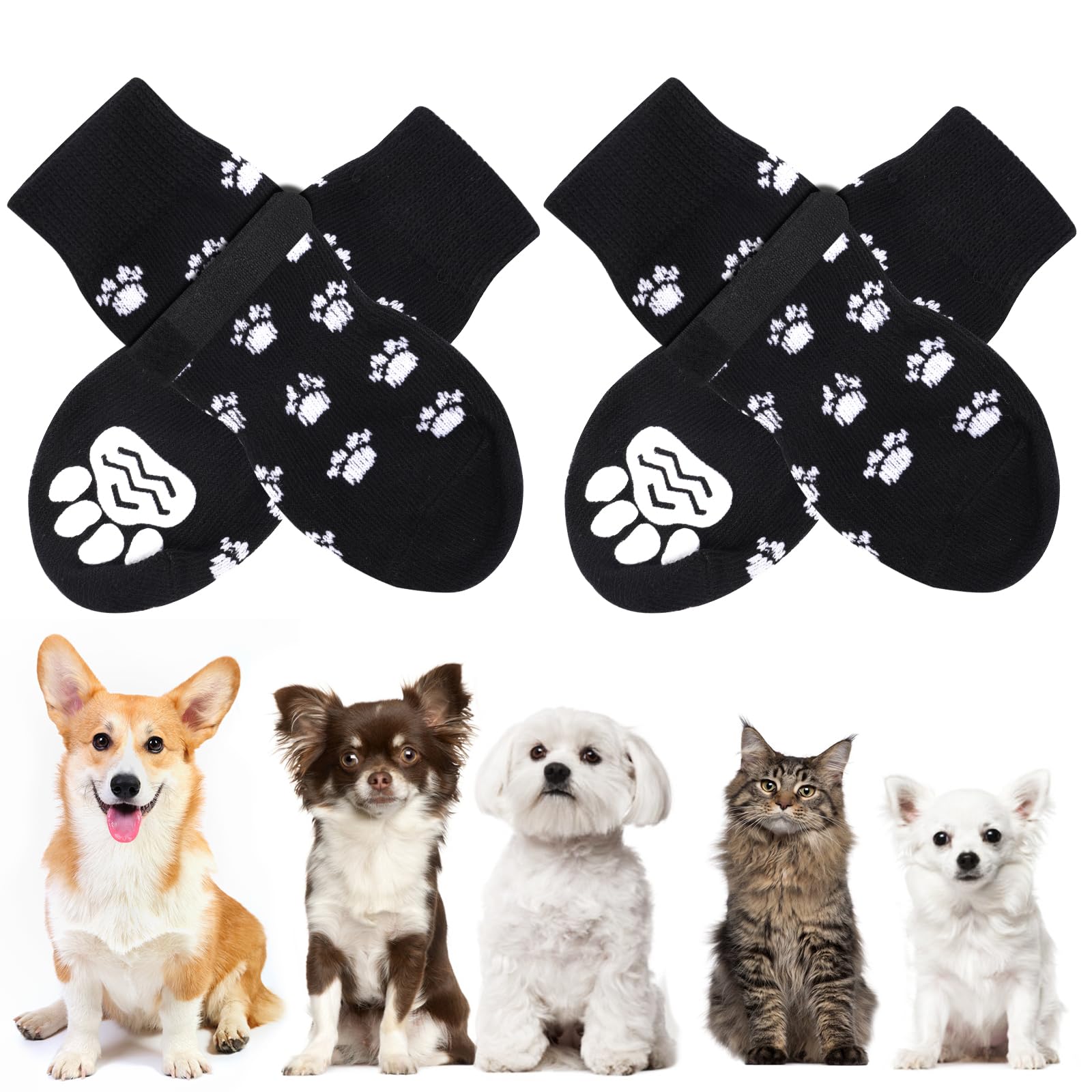AUAUY Chaussettes Anti-Dérapantes Chien Chat, Chaussette Chien, Protège Les Pattes de l’Animal et Les Sols Intérieurs, avec Bandes De Fixation Réglables, pour Les Petits ou Moyen Chiens et Chats - S