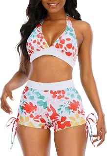Womens High Waisted Swimsuits with Boy Shorts Brazilian Triangle Top Stripes Halter Bikini Two Piece Bathing Suits
