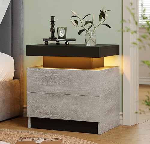 Miniatura 8 de Mesita de noche LED Mesita de noche LED con luces LED, mesa auxiliar moderna con 2 cajones para dormitorio, gris claro Gris claro,Negro -,negro,