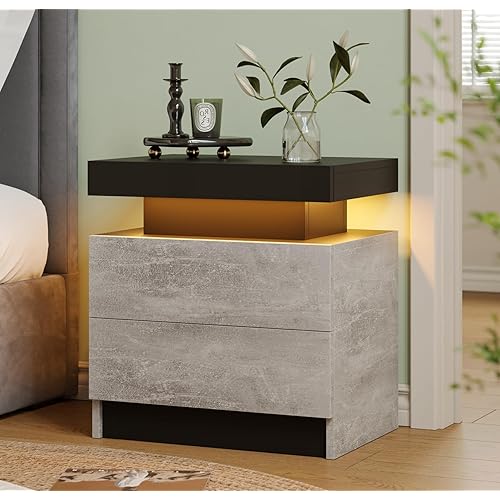 LED Nightstand Bedside Drawer Led Cabinet LED Lights Modern End Side Table with 2 Drawers for Bedroom Grey