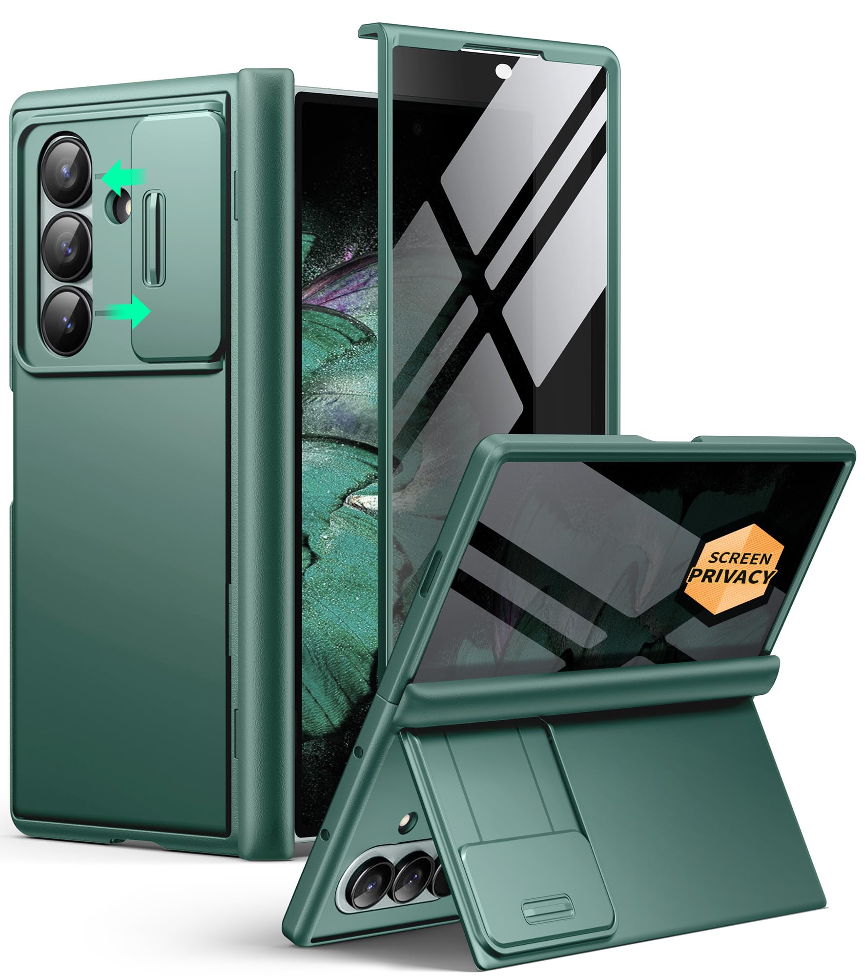 Photo 1 of BERFY for Z Fold 7 Case with Privacy Screen Protector, [Anti Spy] Hidden Kickstand & Slide Camera Cover & Hinge Protective, Full Body Shockproof Phone Case for Samsung Galaxy Z Fold 7, Green