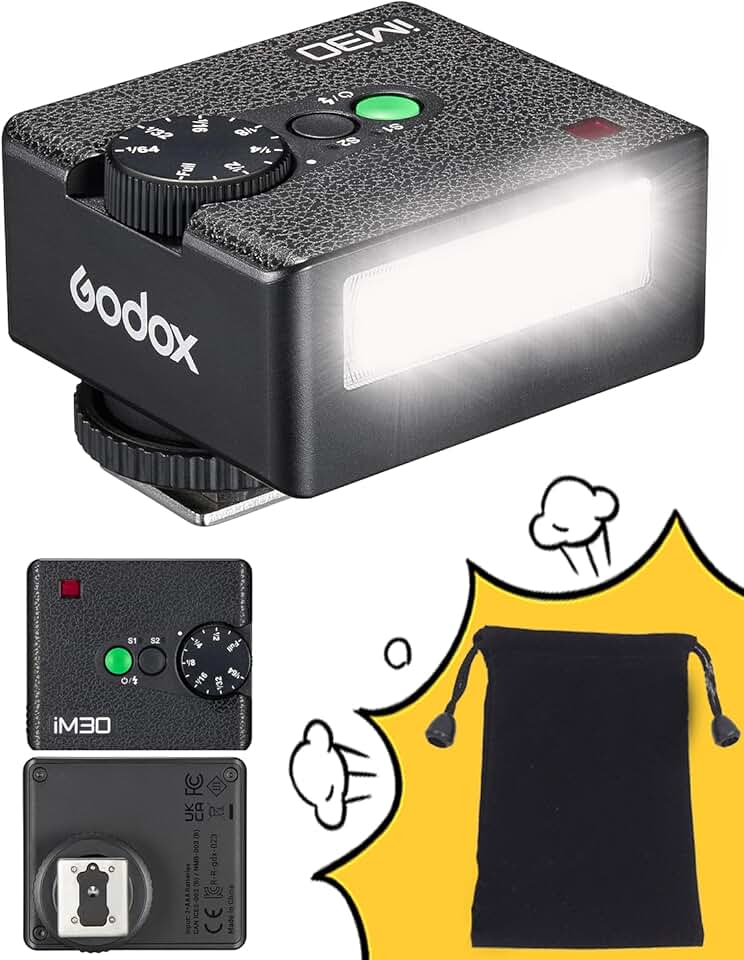 Godox Flash GODOX iM30 Mini Flash - Flash de câmera GN 15, 7 níveis de potência, mini flash manual IM 30 para Canon/Sony zv1/Sony zve10/Ricoh gr3/Fuji f1-230 Flashes de potência total/6500K ± 200K