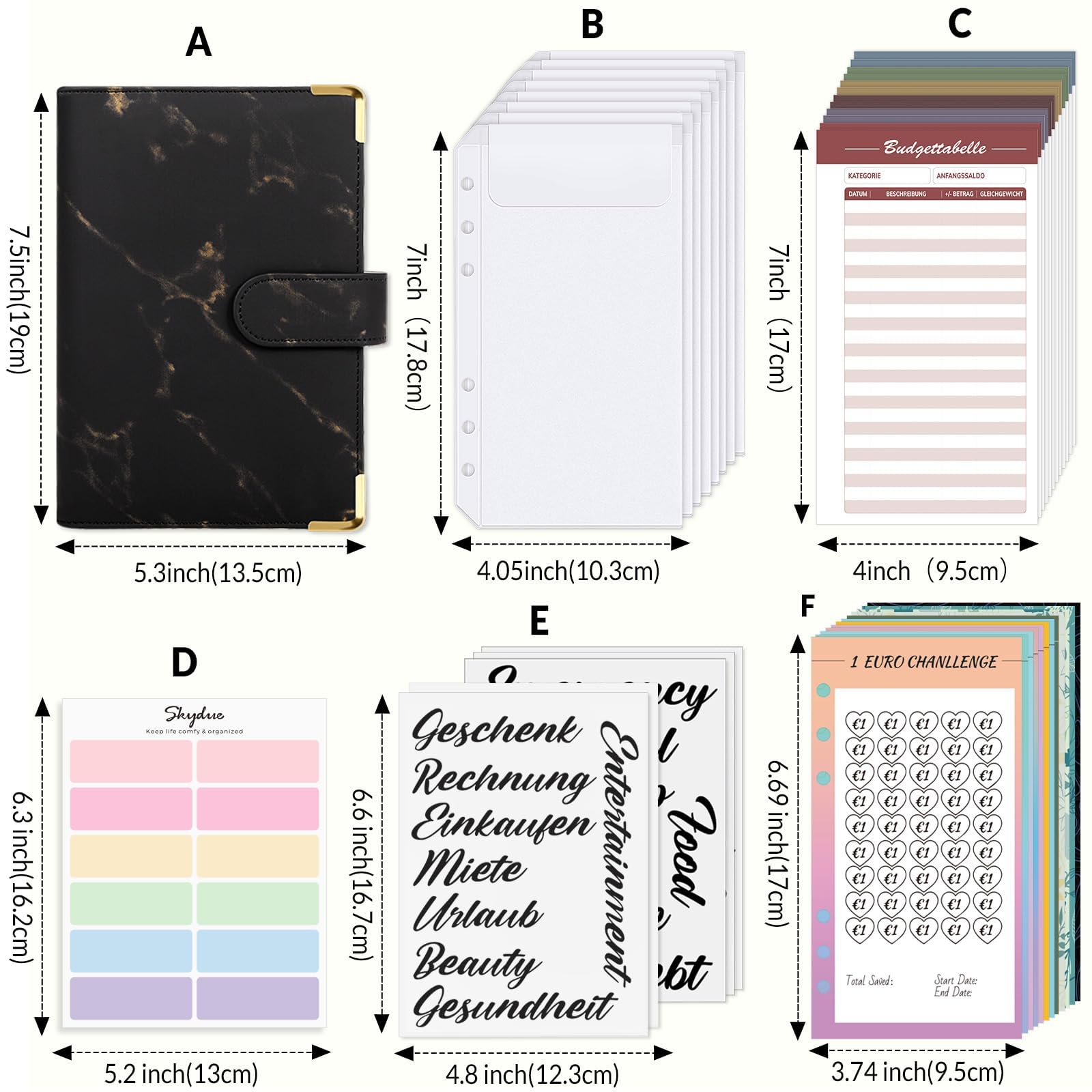 SKYDUEClasseur Budget A6, Enveloppe Budget, 12 Challenges Budgétisation, Pochette Budget Planner (Noir Marbré)