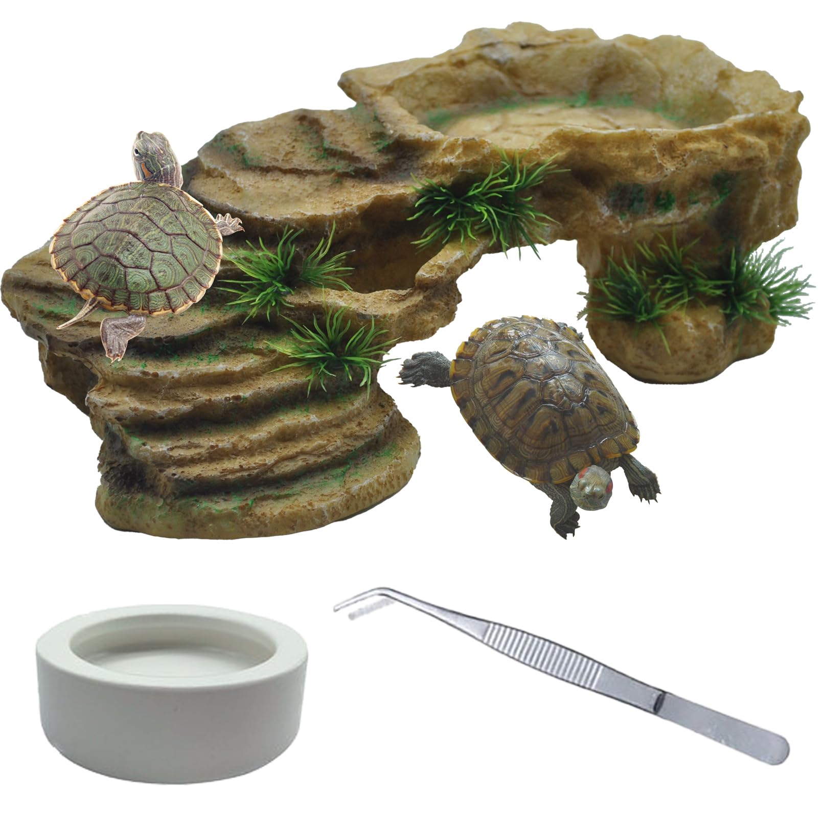 kathson Turtle Basking Platform,Tortoise Resin Climbing Rock Rectangular Resting Terrace Tank Accessories,Reptiles Dock Hide Cave Habitat Decoration for Bearded Dragon Lizard Geckos Spiders (3 PCS)