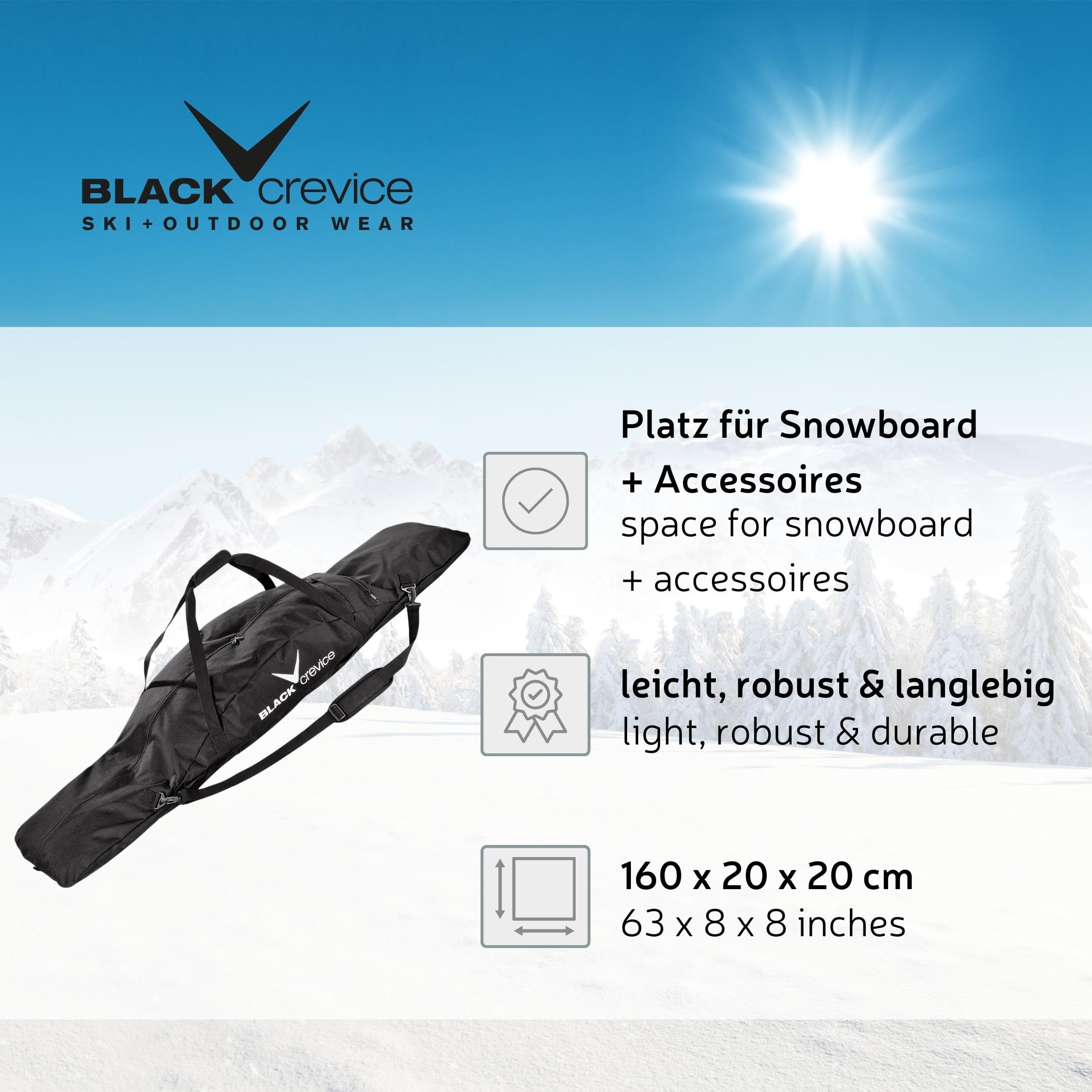 Black Crevice Snowboardtasche Powder I Snowboard-Tasche mit weiterer Außentasche I robuste Snowboard Bag mit gepolstertem Schultertragegurt & Tragegriff I Snowboad-Rucksack I 160x20x20cm