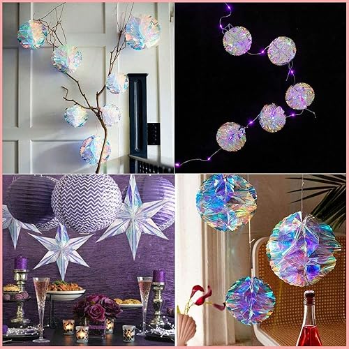 Miniatura 3 de 10 adornos colgantes de Navidad, copos de nieve iridiscentes, estrella, panal de abeja, bola de abanico, decoración colgante de techo para Navidad,