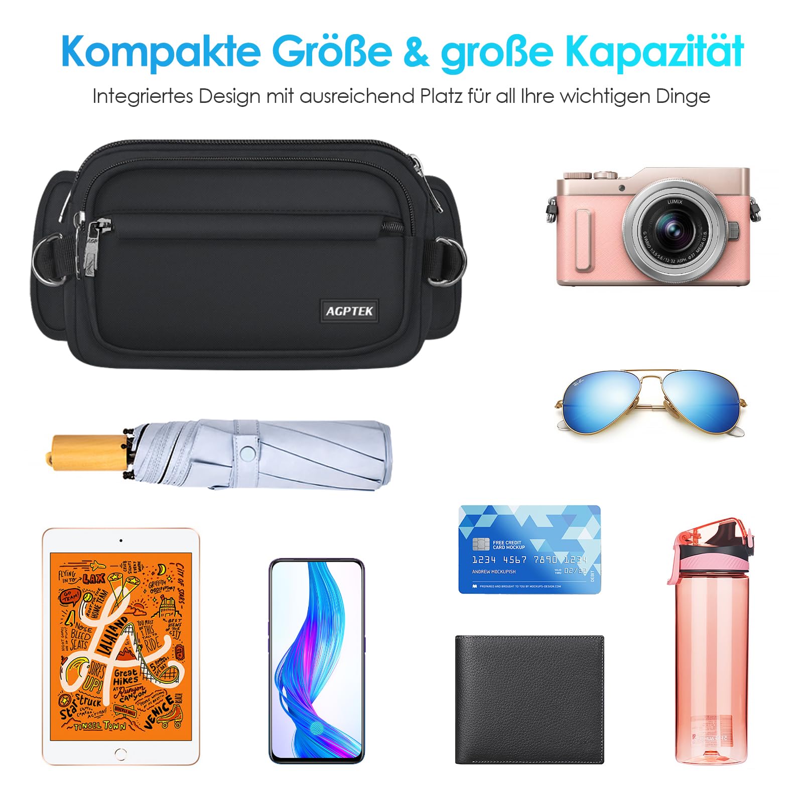 AGPTEK Bauchtasche für Herren und Damen, wasserdichte Gürteltasche mit 5 Einzelfächern, Hüfttaschen für Hundespaziergänge, Reise, Wanderung und Outdoor-Aktivität