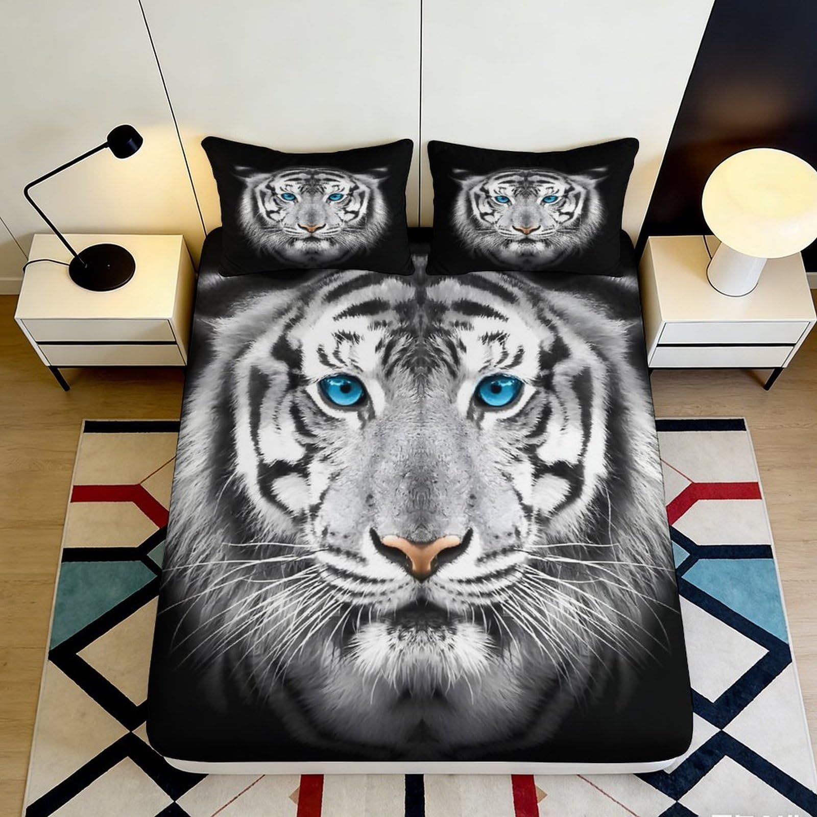 3D Printed White Tiger Fitted Sheet, Microfiber Soft Touch Bed Cover, Wrinkle Resistant, Home Decor, Guest Room Bedding, Easy Care, Durable 140x200x25cm