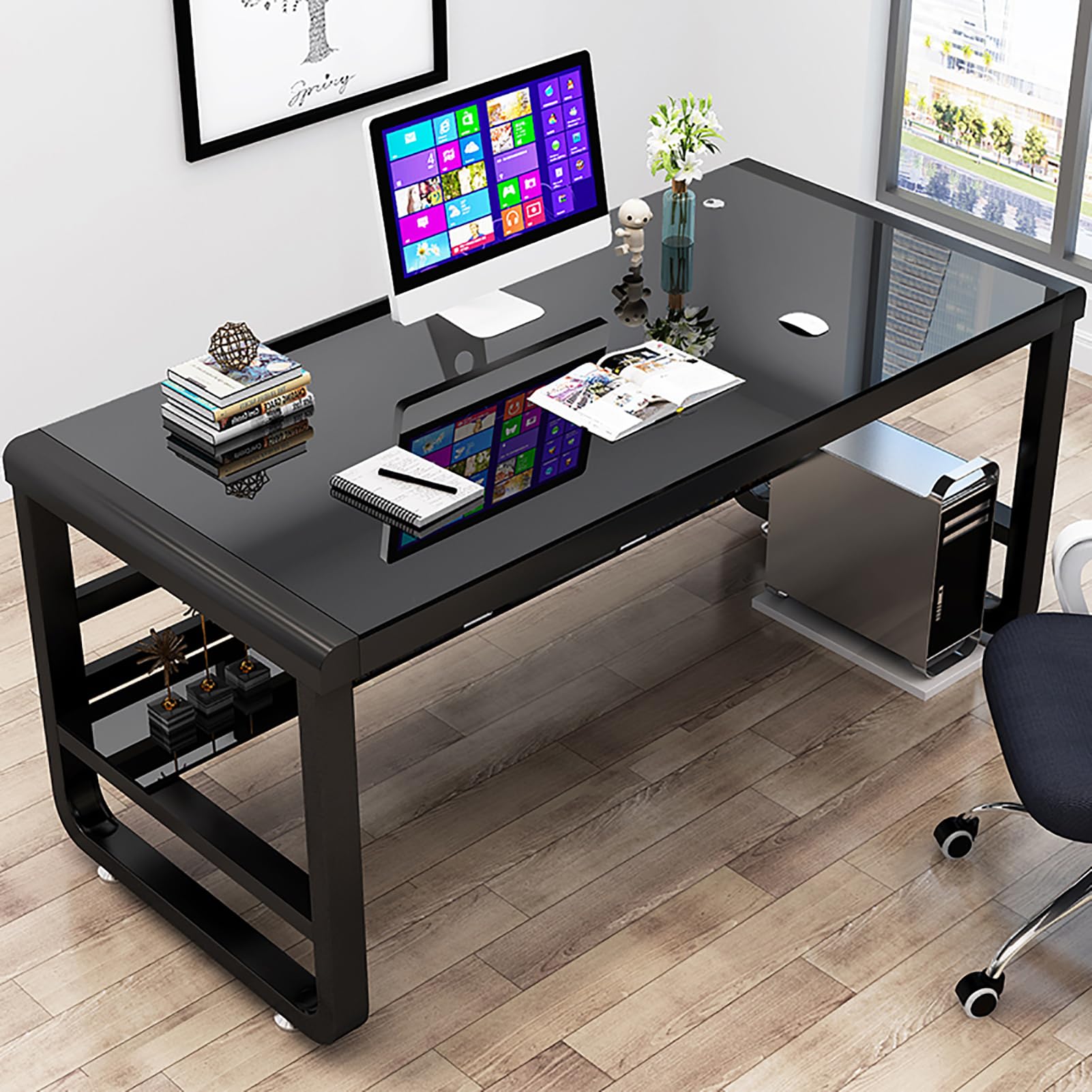 MESCXTY 31/39/47in Home Office Desks, Modern Computer Desk Sturdy Writing and Study with Tempered Glass Metal Frame, Personal Gaming for Workstation