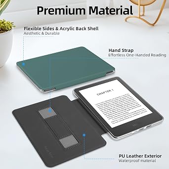 Case for 6 Kindle 2024/2022 Release (11 Generation), Light PU Leather Cover and Transparent Hard Back Shell with Hand Strap, Auto Sleep/Wake, Midnight Green