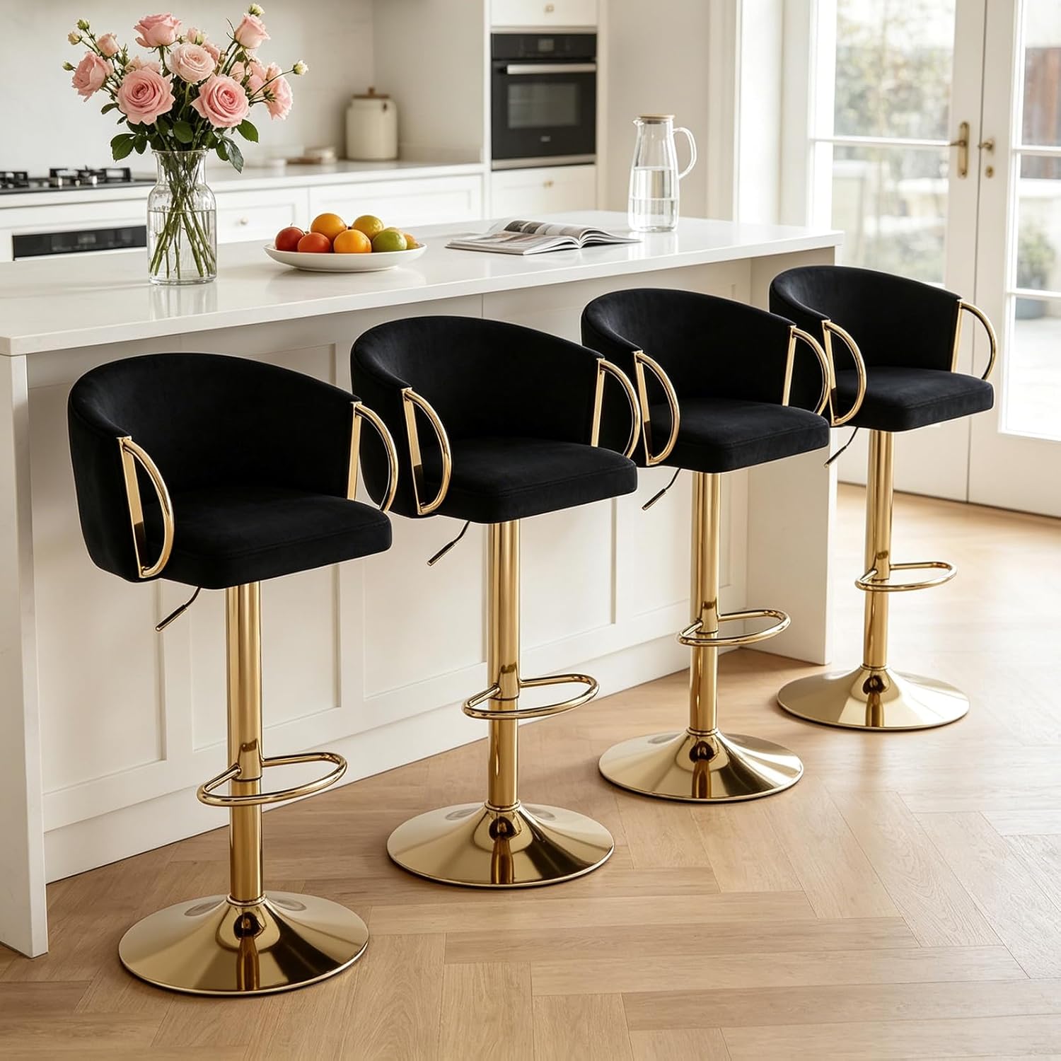 Velvet Gold Bar Stools Set of 2, Counter Height Bar Stools Velvet Low Back Chair with Golden Armrest Golden Big Base for Kitchen Island Home Bar(Black)
