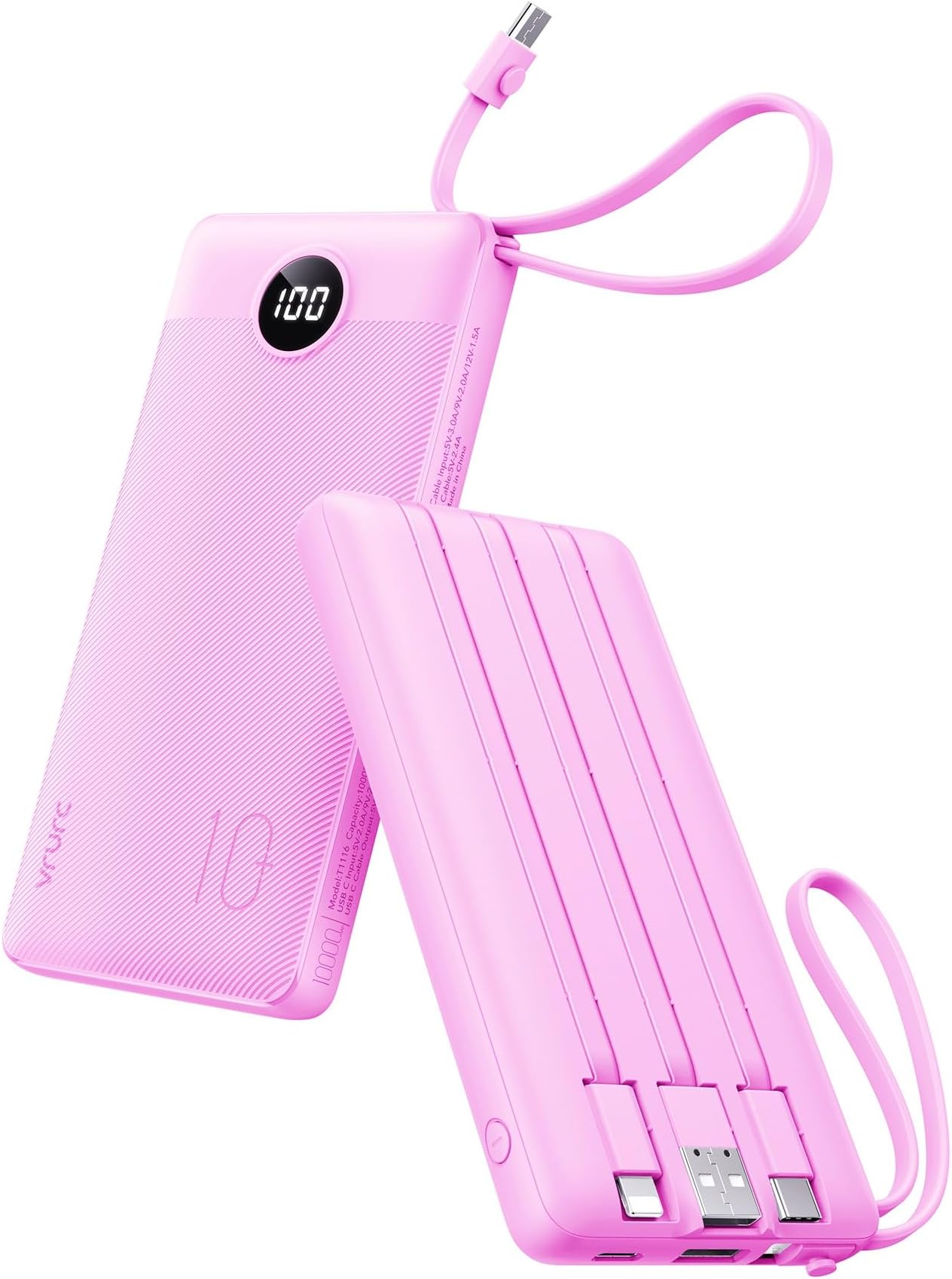 VRURC Portable Charger 10000mAh, Travel Essentials Battery Pack, 5 Output 2 Input Power Bank, Built-in Micro & USB C Cables Phone Charger for iPhone 17 Pro 17 16 15 14 13,Android-Purple(1 Pack)
