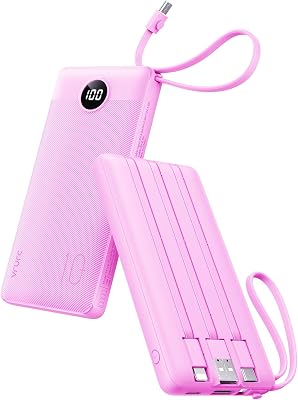 VRURC Power Bank with Built in Cables,10000mAh USB C Portable Charger with 5 Outputs & 2 Inputs and LED Display, External Battery Bank for iPhone/iPad/Samsung Galaxy Tablets and More