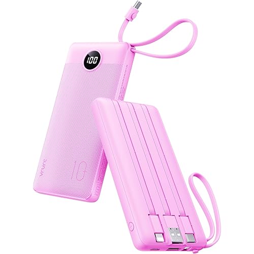 VRURC Portable Charger 10000mAh, Travel Essentials Battery Pack, 5 Output 2 Input Power Bank, Built-in Micro & USB C Cables Phone Charger for iPhone 17 Pro 17 16 15 14 13,Android-Purple(1 Pack)