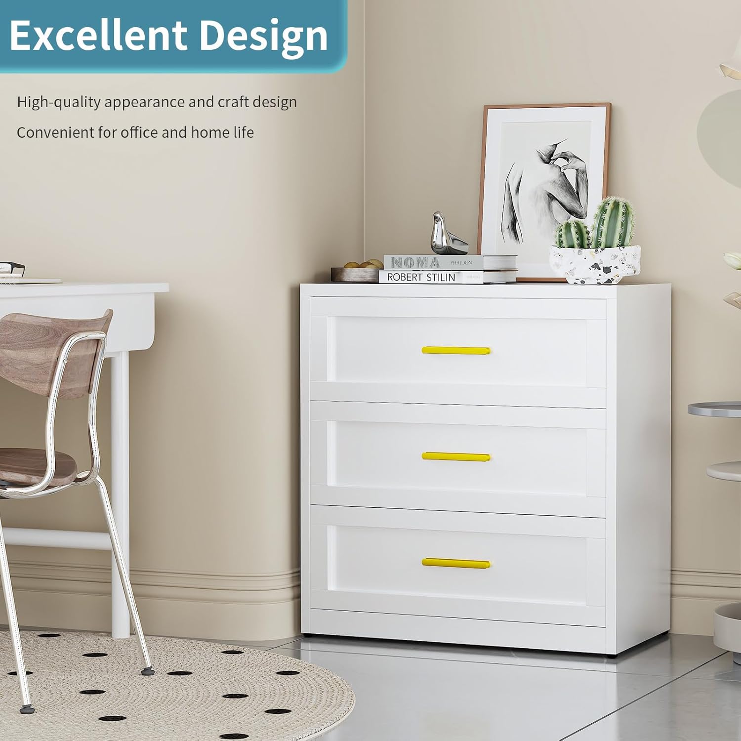 White 3-Drawer Metal Dresser for Bedroom, Tall Storage Cabinet with Golden Handles - Modern Chest of Drawers for Closet, Living Room, Dorm