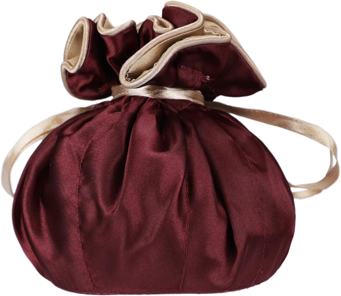 Marisa D'Amico Drawstring Premium Satin Jewelry Pouch with 8 Interior Pockets, Maroon + Gold image 2