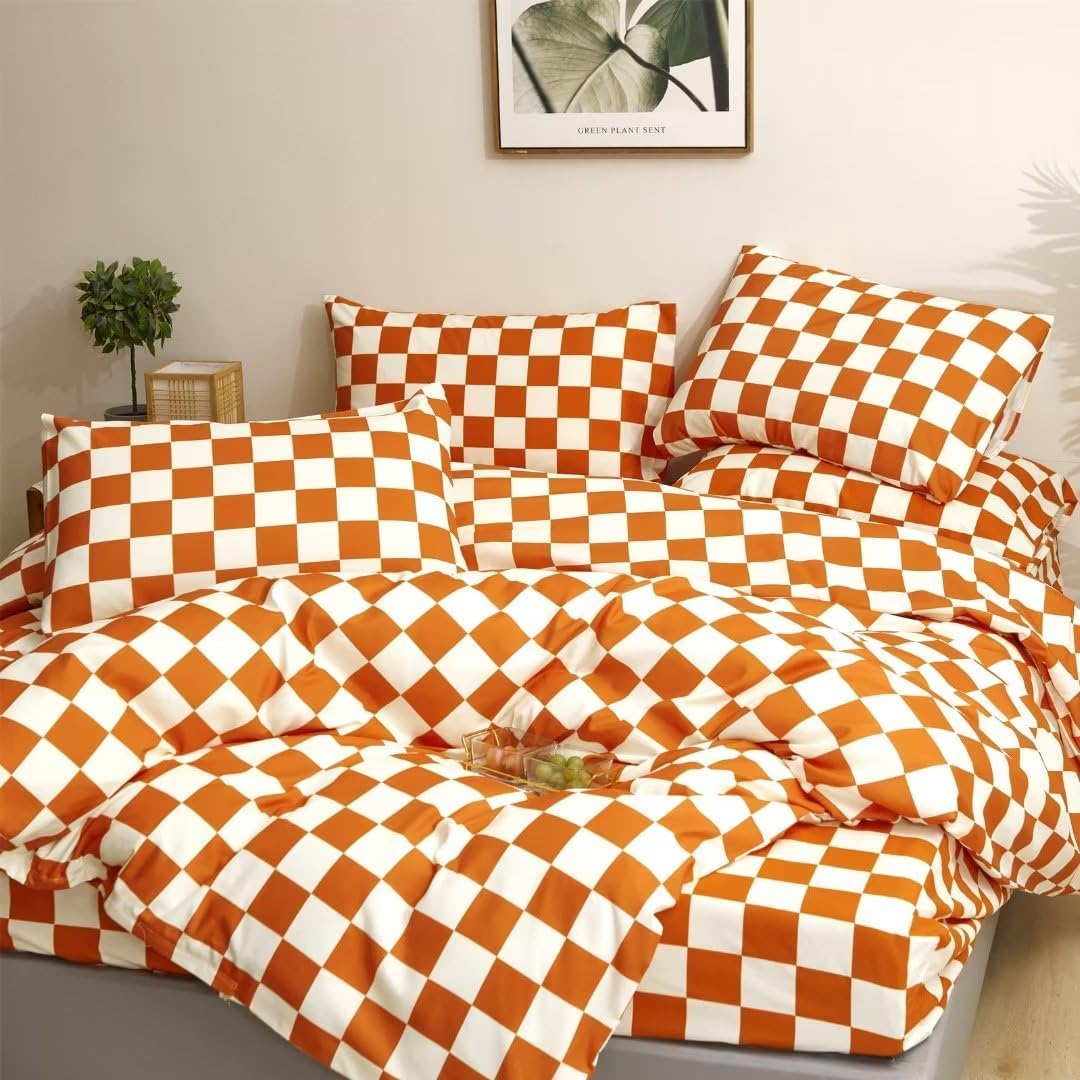 Orange Checkered Comforter Set California King Rust Caramel Checkerboard Bedding Comforter Cal King Orange and White Plaid Bedding Set Retro Grid Terracotta Quilt Burnt Orange Checker Bed