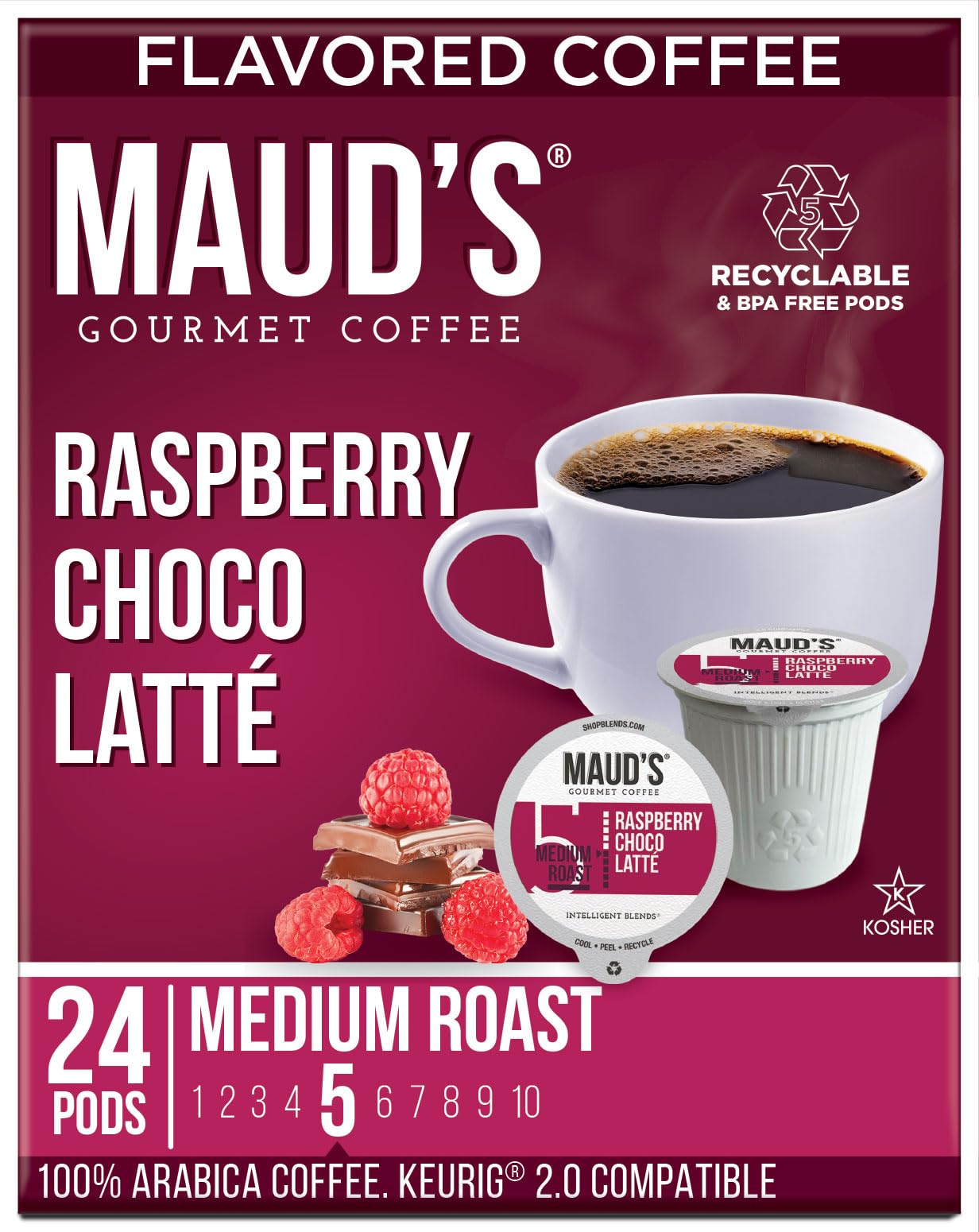 Maud's Raspberry Chocolate Flavored Coffee Pods, 24ct - Raspberry Choco Latte Flavor - 100% Arabica Medium Roast Coffee, Solar Energy Produced Recyclable Pods Compatible with Keurig K Cups Maker