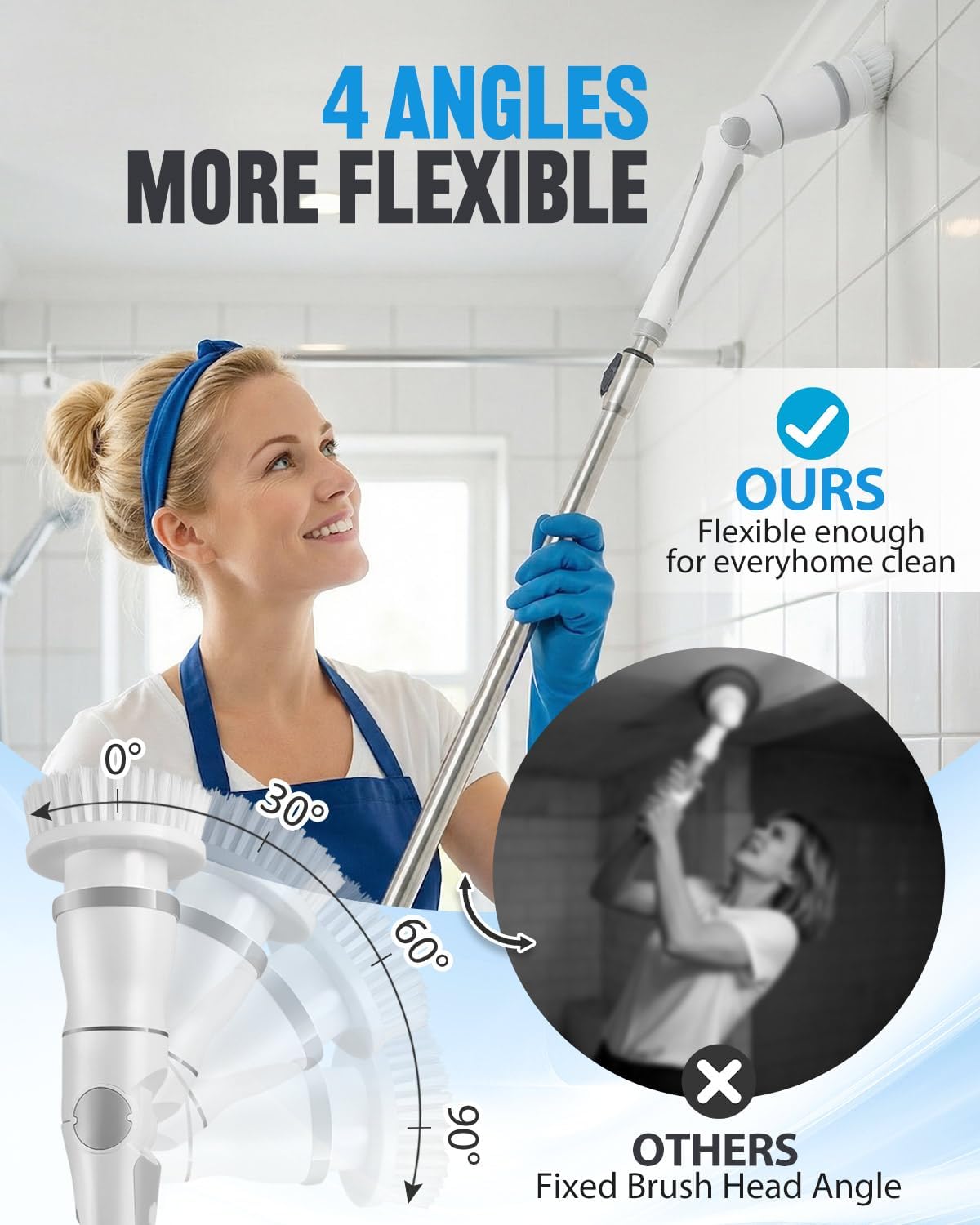 Cordless Electric Spin Scrubber, 4 Angles with 8 Replaceable Brush Heads, Adjustable Handle 3 Speeds with LED Display-90Mins Runtime, IPX7 Waterproof Scrubber Cleaner Brush for Bathtub Bathroom