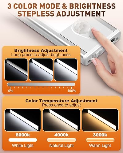 Miniatura 3 de Luces para debajo del gabinete, paquete de 2 luces con sensor de movimiento con 3 colores de temperatura amarilloblanco, batería de 1000 mAh, luz