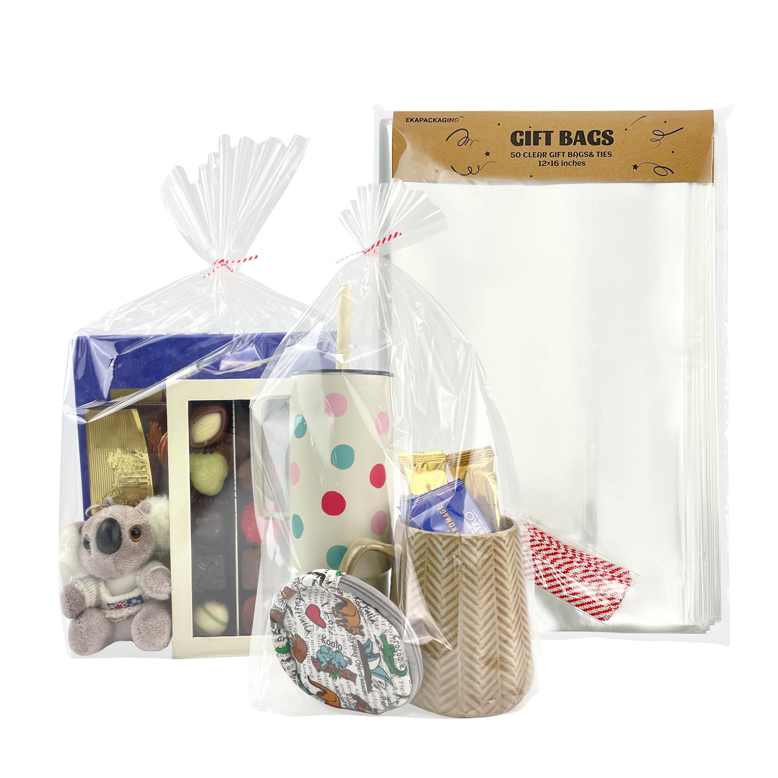 EKAPACKAGING Clear 12x16Inches 50Pcs Twist Ties Flat Bottom Gusset Cellophane Bags Candy Party Favor Gift Mugs Treats Cookie Goodie Bags Gift Basket