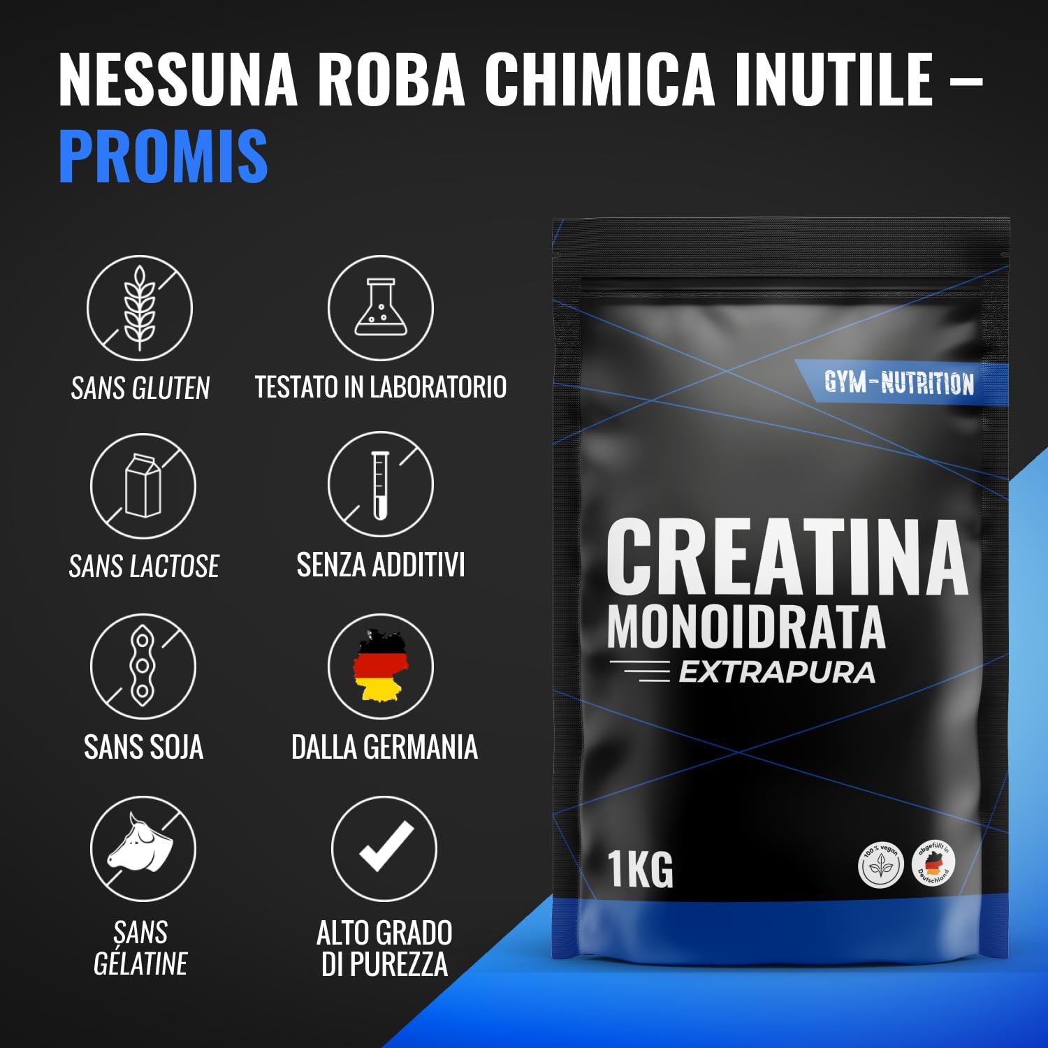 Creatina Monoidrato Polvere 1KG - 100% Vegan, Extrapura - Creatina Monoidrato con Inulina - Prodotta in Germania - Creatine Monohydrate Powder