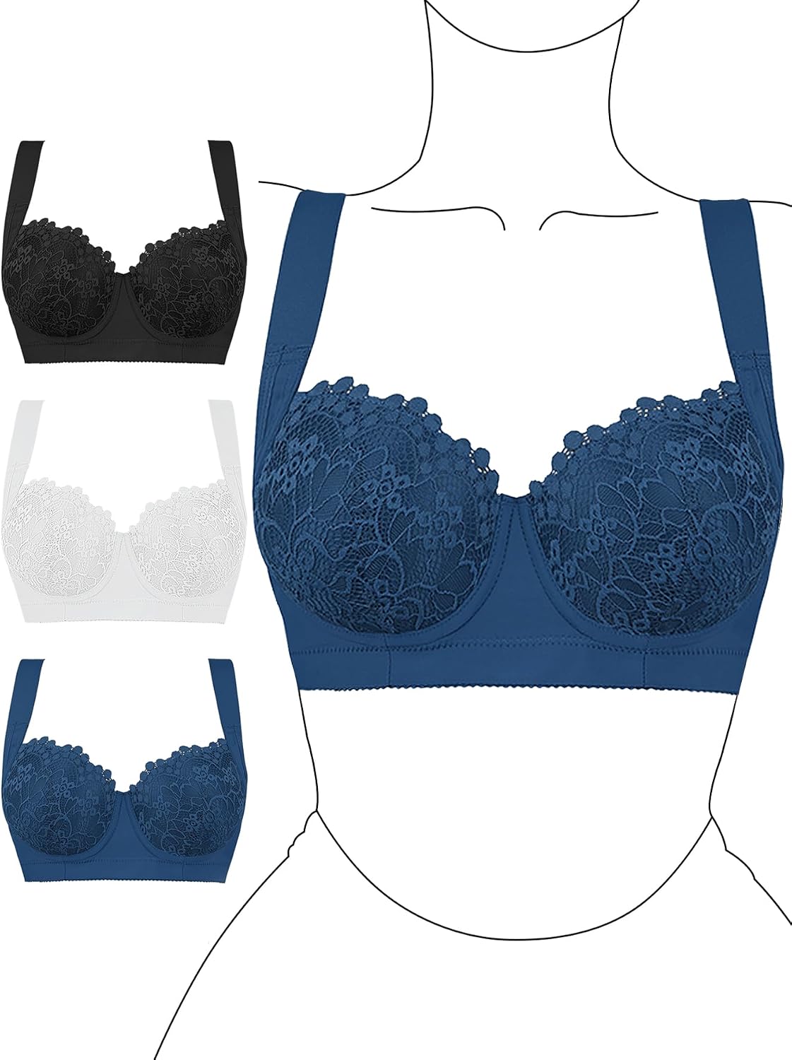 Women's Lace Bras with Underwire, 3 PCS Push-up Bras Floral, Wide Strap Bra, Bras For Women, Adjustable Straps Multi-Row Hook Closure, Everyday Wear Special Occasions