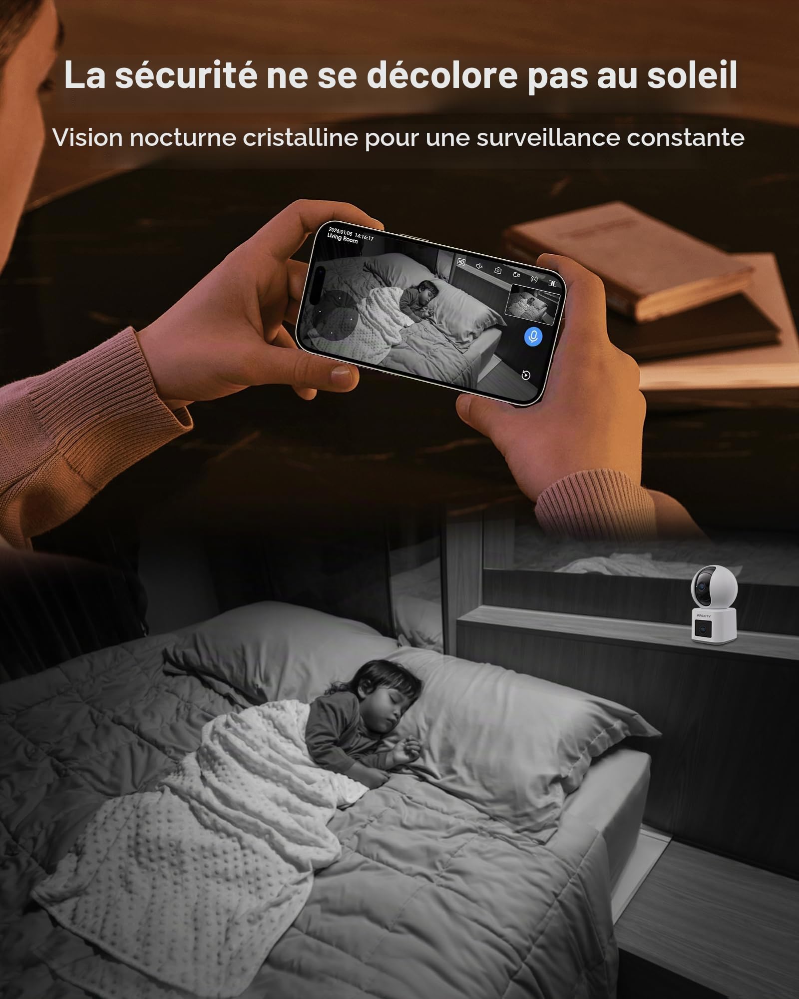 ARCCTV Y3 Caméra Intérieur WiFi Double Objectif 2.5K pour Chambre/Bébé/Pet | Double Objectif (2,5K+2,5K), 360° PTZ, 5G/2.4GHz WiFi, Enregistrement 24/7, Audio Bidirectionnel, Auto Tracking, SD Stockage