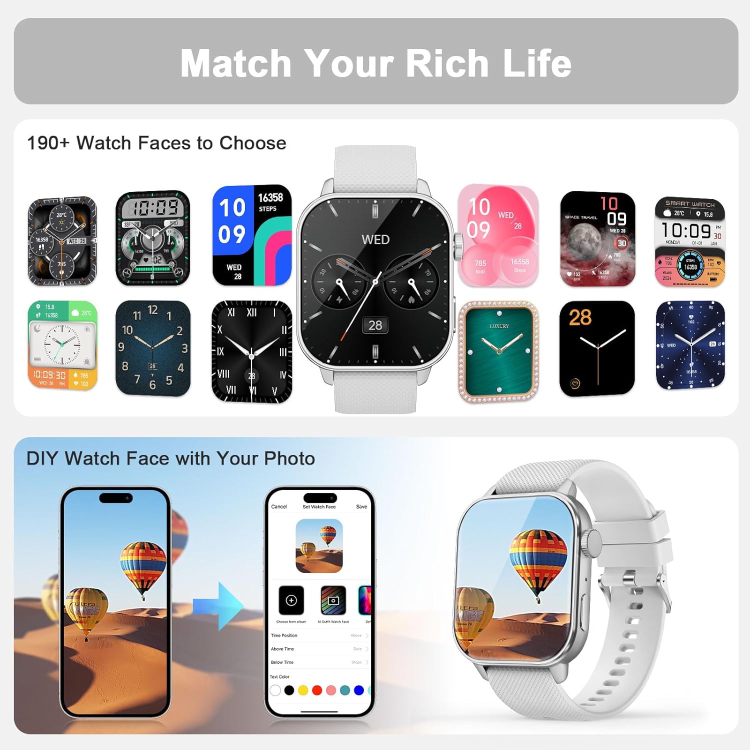 Smart Watch for Men Women, 1.85'' AMOLED HD Fitness Watch with 120+ Sports Modes, Bluetooth Call/Heart Rate/Sleep Monitor/Pedometer, Smartwatch for Android iOS, IP68 Waterproof, Silver - Image 4