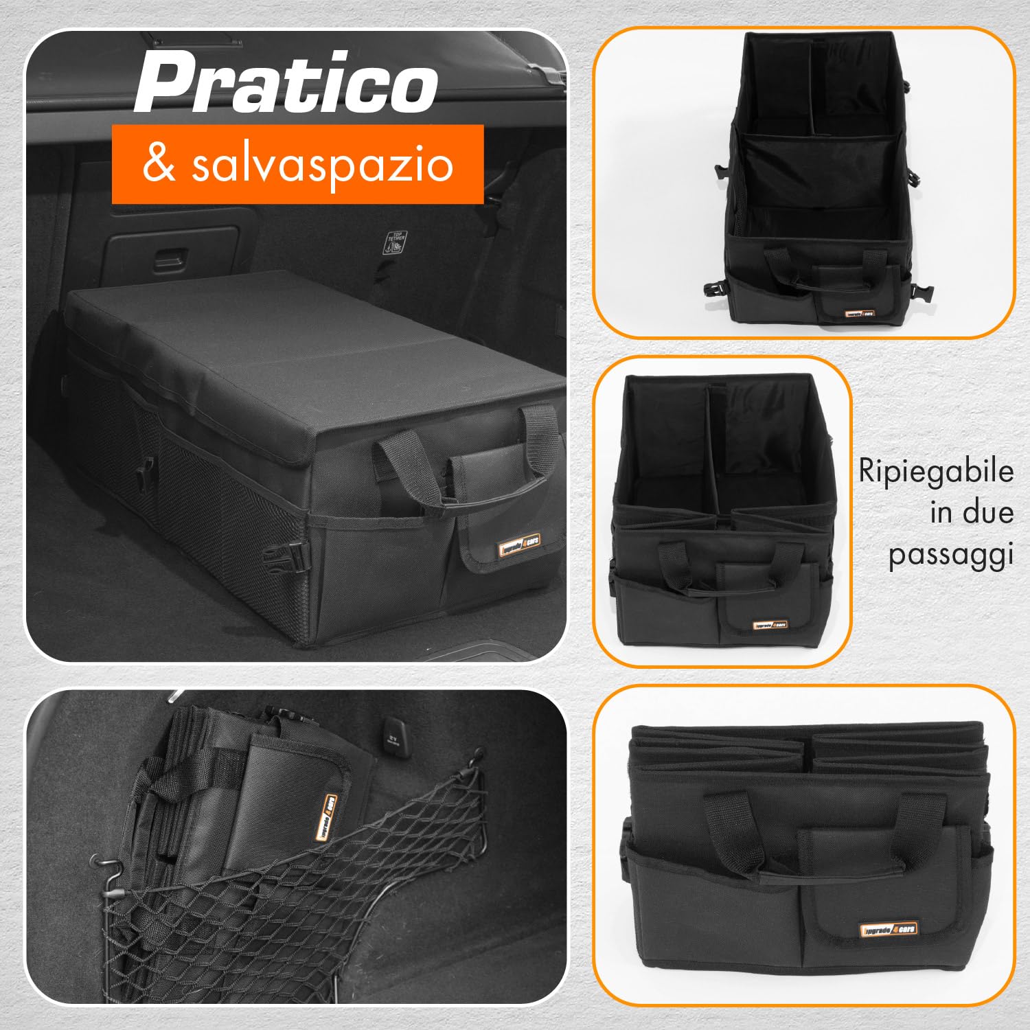 Upgrade4cars Organizer Bagagliaio Auto Grande | Borsa Porta-oggetti da Baule Universale | Organizzatore Portabagagli | Contenitore Cofano Macchina Pieghevole | Accessori Viaggio Gadget Utili