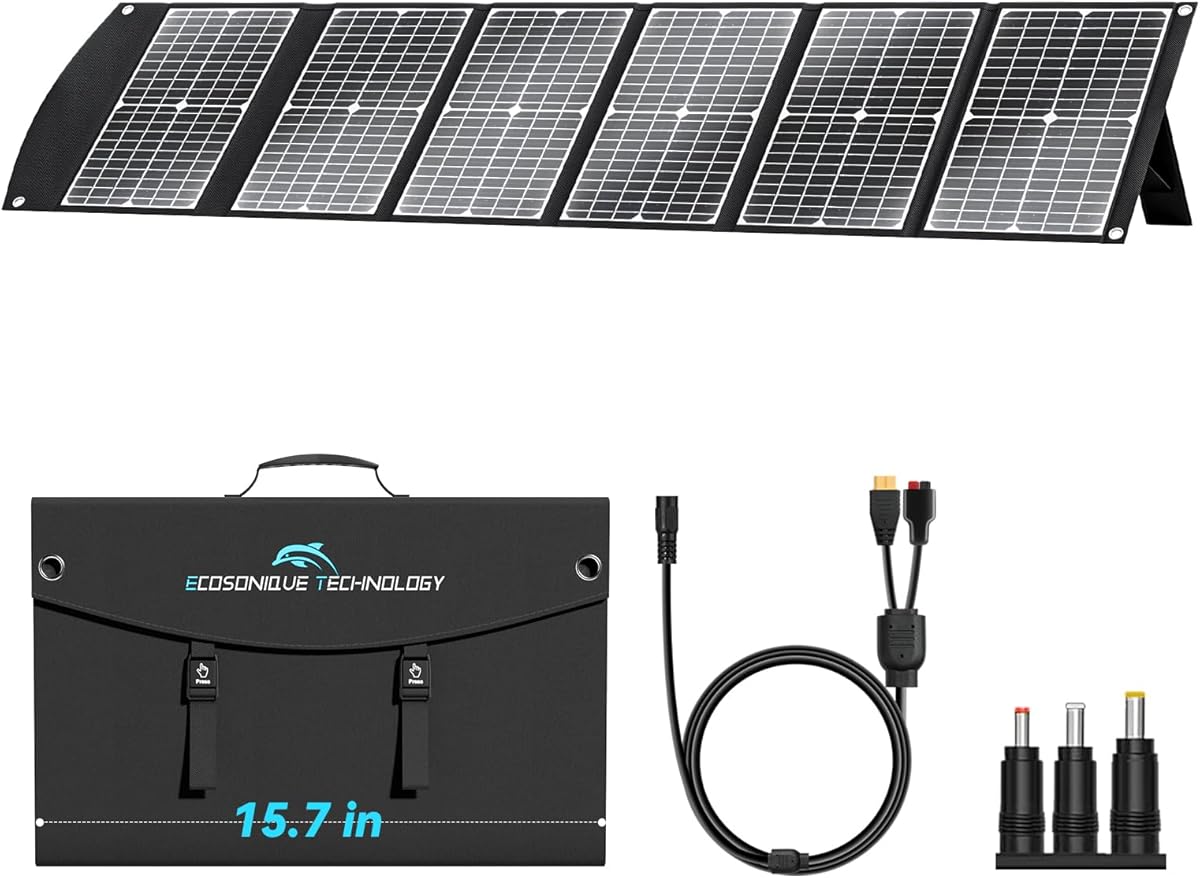 Extreme Lightweight and Compact Foldable Ecosonique 100W Portable Solar Panels Charger for Camping Power Station, Solar Generators, Cell Phones with USB QC3.0, Type-C PD3.0, Anderson and XT60 DC 20V