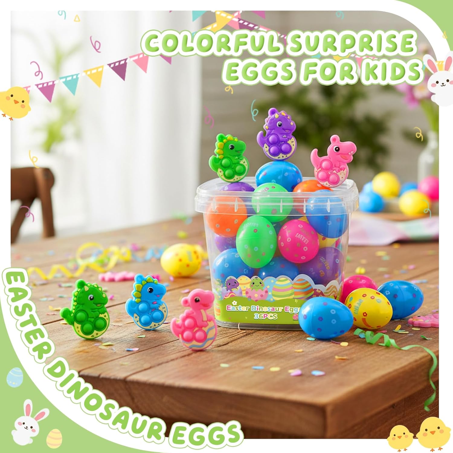 BicMan 36 Pack Prefilled Easter Eggs with Dinosaur Pop Fidget Toys, Easter Egg Hunt Basket Stuffers for Kids, Easter Classroom Party Favors Prizes