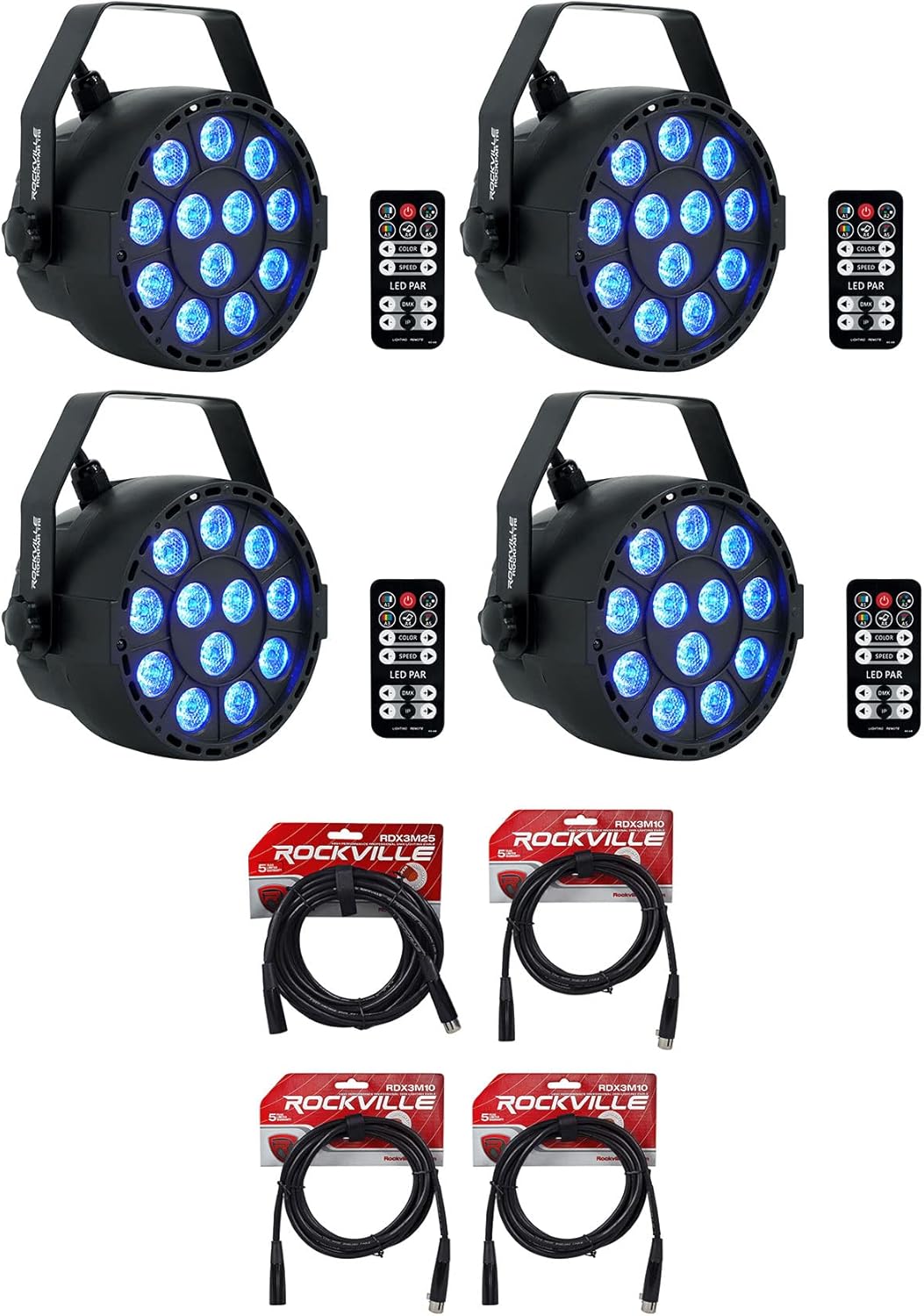 Rockville RockPAR TRI LED RGB Bundle: (4) Compact Par Can Pro DJ DMX Wash Lights, RDX3M25 25 ft 3-pin Cable, (3) RDX3M10 10 ft 3-pin Cables, Remotes, Black Housing, 8-Items
