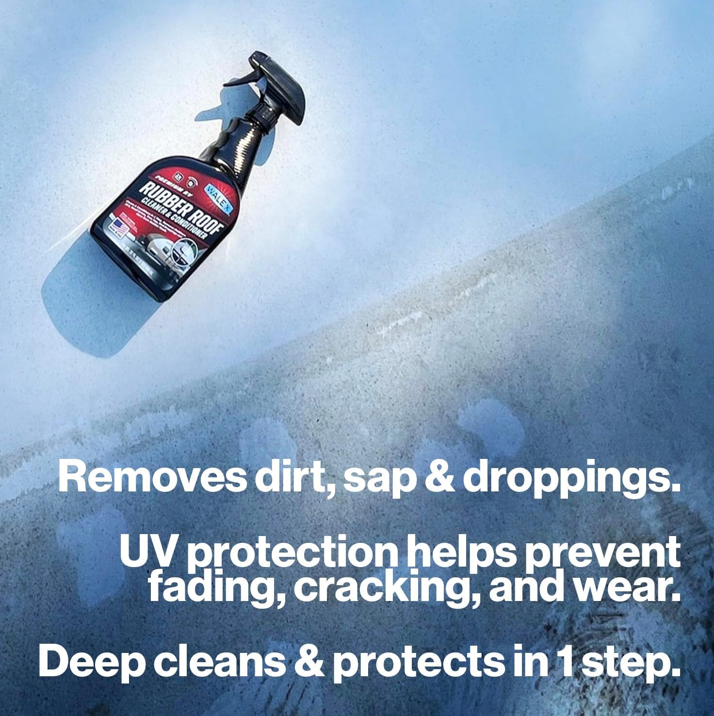 Walex RV Rubber Roof Cleaner/Conditioner - Removes Dirt, Road Grime, Tree Sap, Bird Droppings & More, Conditions RV Roof After Application; Great for RVs, Campers, Motorhomes, & Trailers, 64 oz