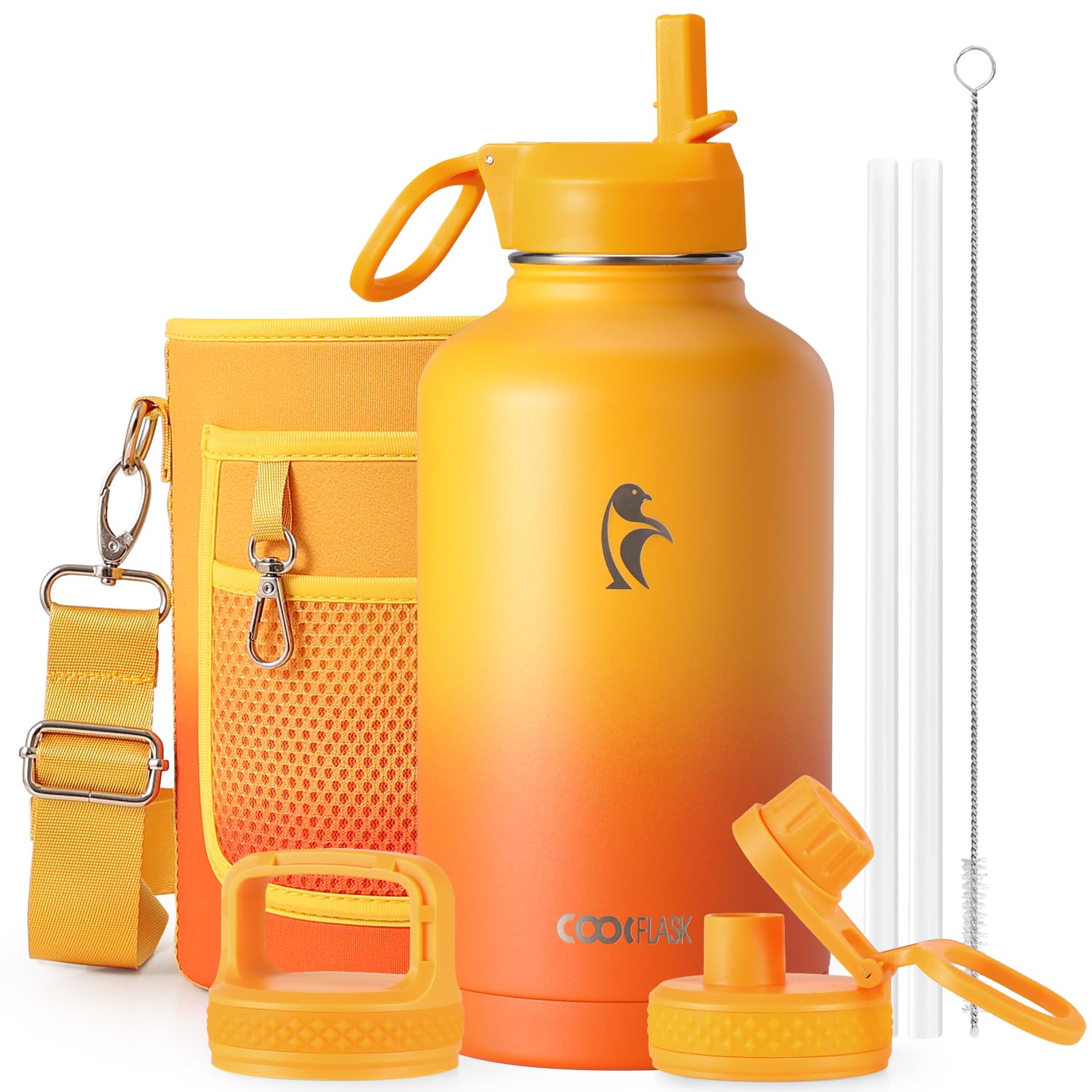 Half Gallon Water Bottle Insulated with Straw & 3 Lids, Coolflask 64 oz Water Jug Large Metal Stainless Steel Wide Mouth for Sports, Gym or Office, Non-BPA Keep Cold 48H Hot 24H, Ombre Yellow/Orange — image 1