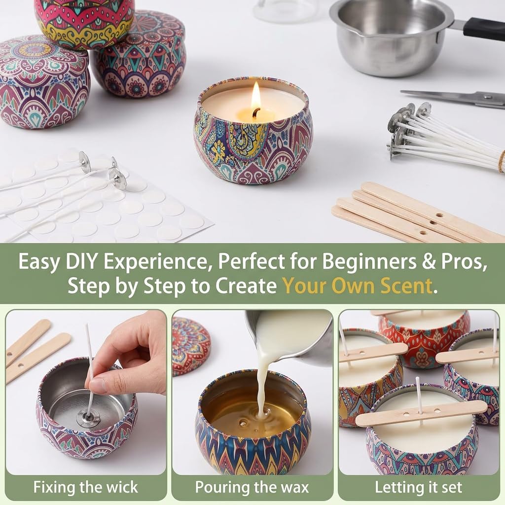 Blingfun 10 Packs 4 oz Candle Tins kit, Candle Making Tins, Candle Jars, 100pcs Candle Wicks, 100pcs Wick Stickers, Candle Containers for Making Candles (Flowers)