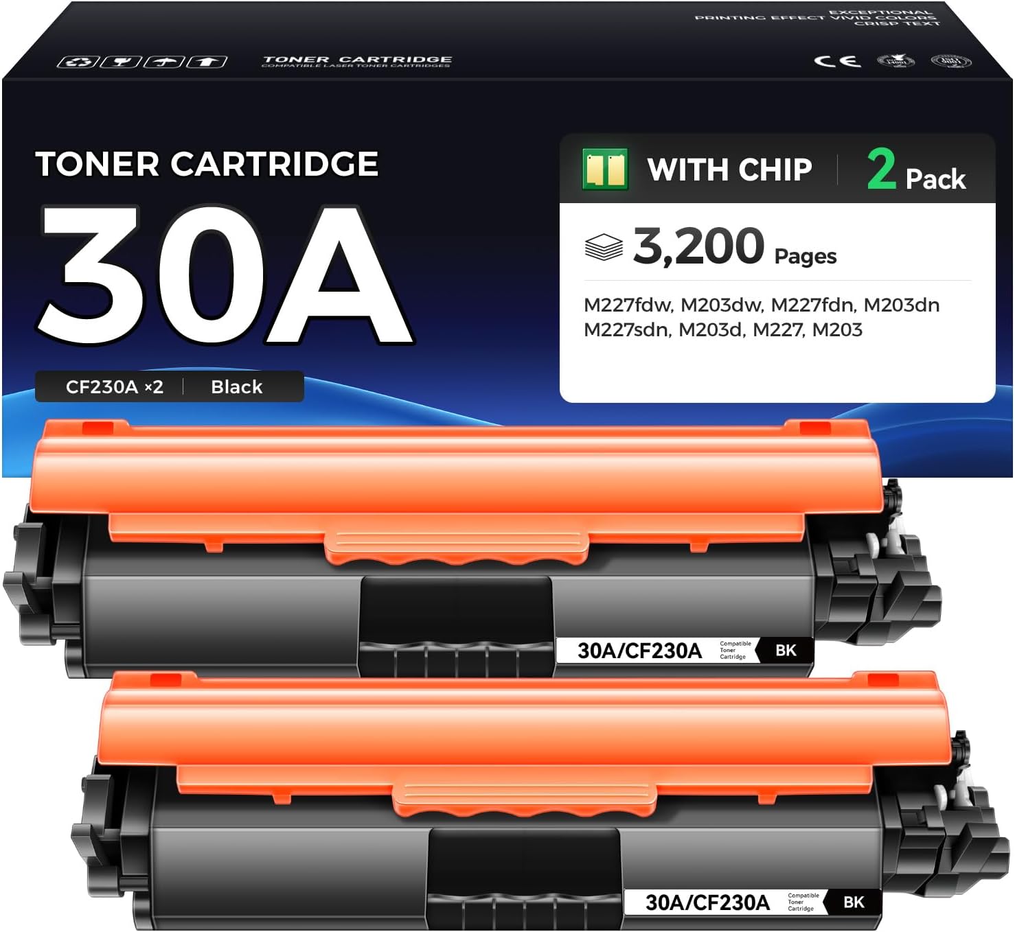 30A Toner Cartridge Black 2-Pack with Chip High Yield Replacement for HP 30A CF230A 30X CF230X Compatible for HP LaserJet Pro MFP M227fdw M227fdn M203dw M227sdn M203dn M203d Printer M277 M203 Ink Copy
