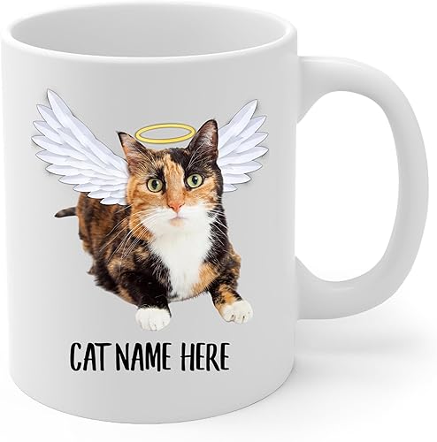 Miniatura 2 de Taza de café conmemorativa personalizada con alas de ángel, calicó y carey, regalo de condolencias para los amantes de los gatos, taza blanca de 11