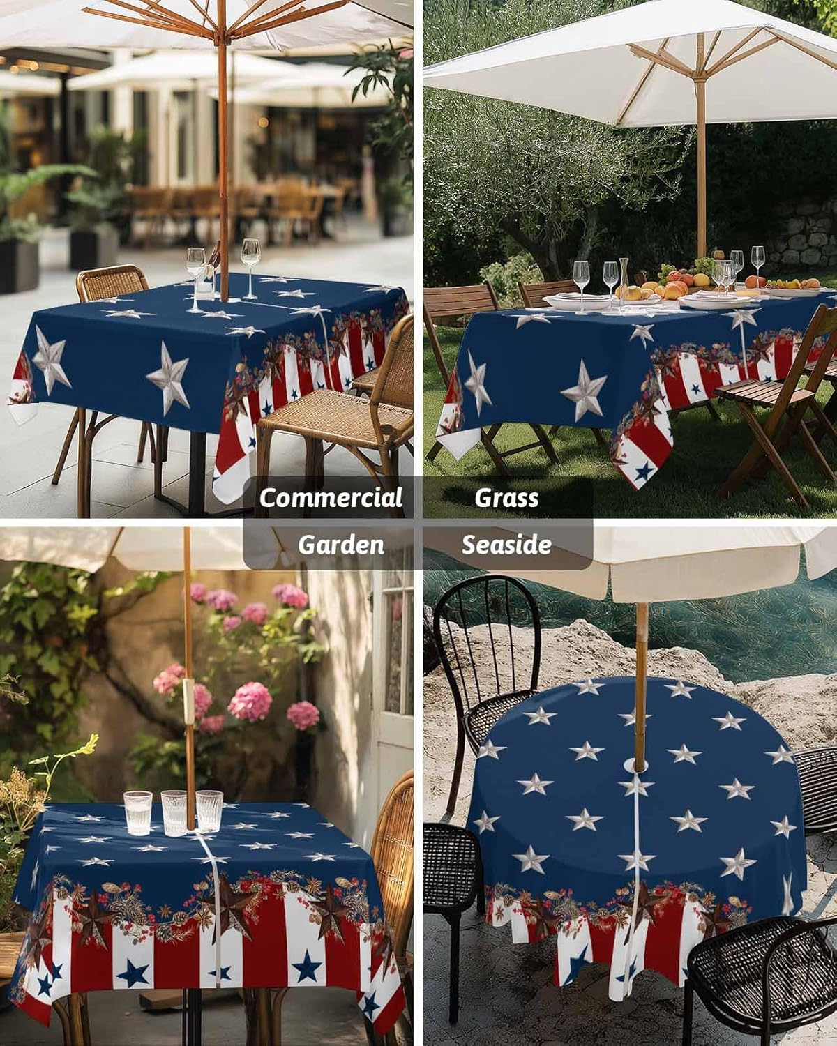 4th of July Tablecloth with Umbrella Hole and Zipper Patriotic Stars Stripes Outdoor Tablecloths 60x84 Outside Table Cloths Rustic Red Blue Patio Table Cloth Cover for Independence Day Garden