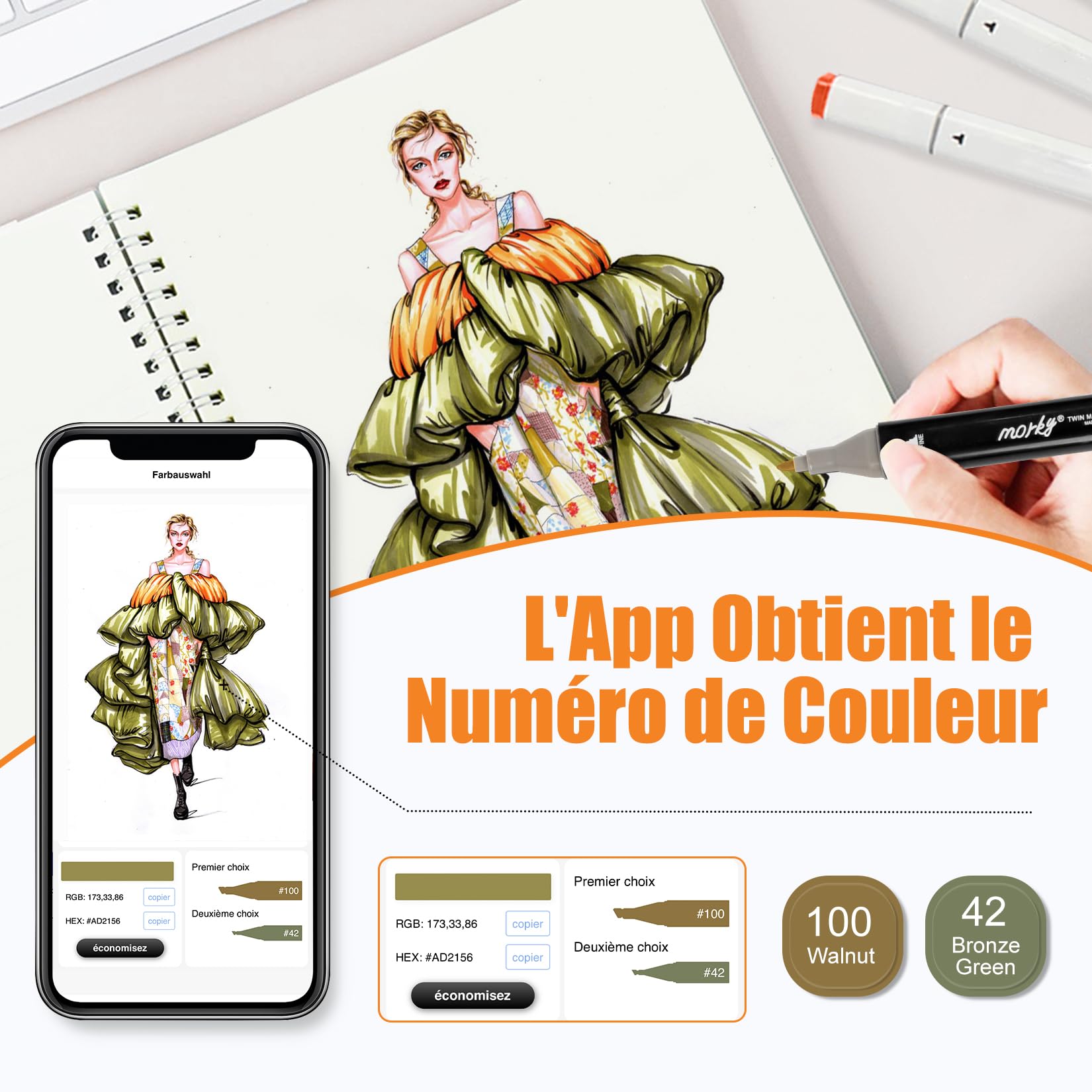 AEDAGA 168+2 Couleurs Feutre a Alcool avec App, Marqueurs à Doubles Pointes