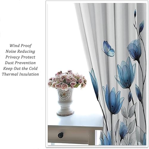 Miniatura 6 de Cortinas de flores azules con tulipanes florales para mujer, plantas botánicas de mariposa, elegantes y pequeñas, para sala de estar, tela de