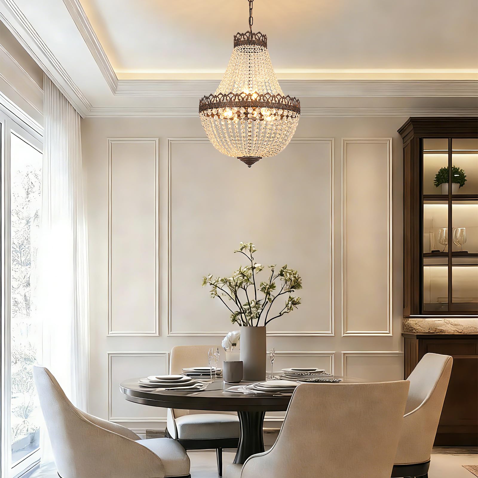 Kronleuchter Kristall Vintage,E14 Lüster Chandelier mit Verstellbarer Kette 100cm,6-Licht Pendelleuchte Esstisch,Antik Schwarz-Gold Deckenlampe Hängend for Hängelampe Esstisch,60W,Ø46cm.
