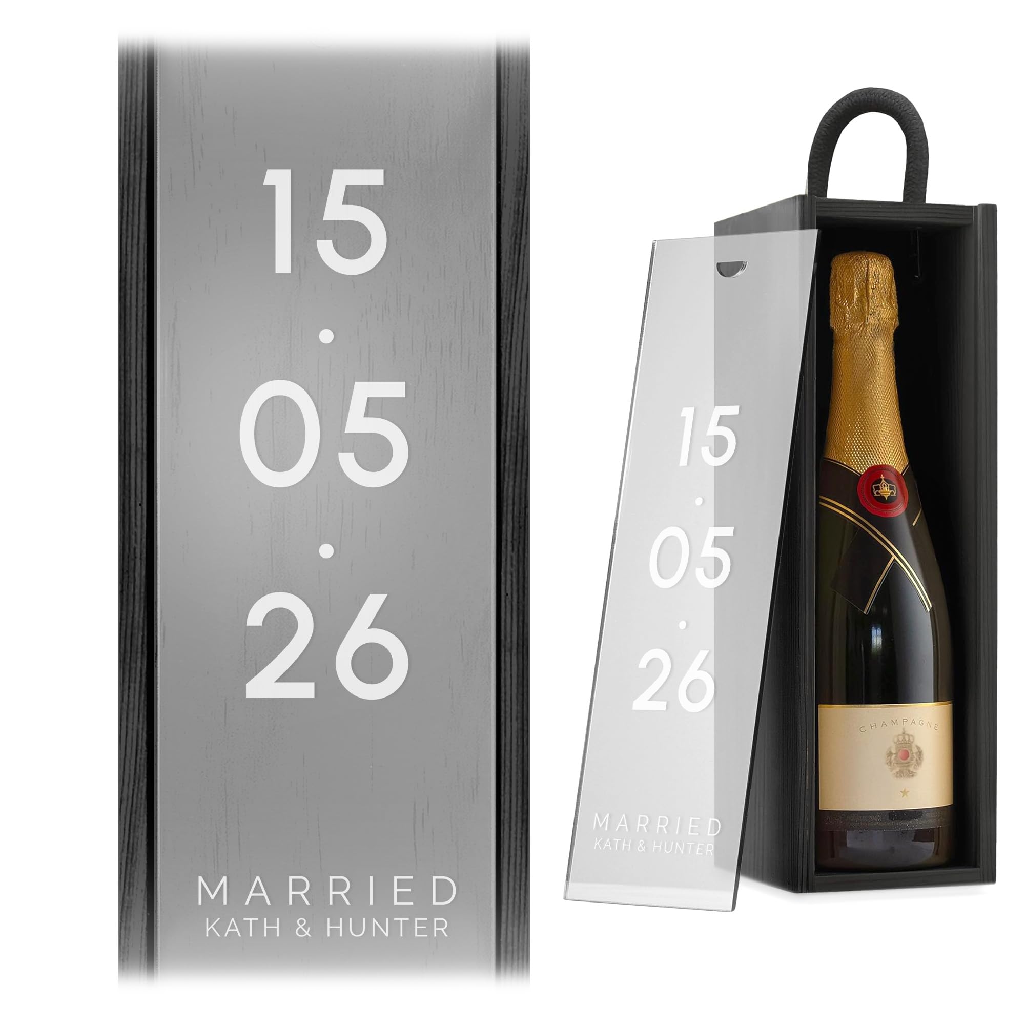 A1 Graphics Ltd Custom Date Wine Gift Box Engagement Custom Printed Personalised Wedding Present Retirement Valentines Anniversary Engagement Gift (Black Box/Frost Lid)