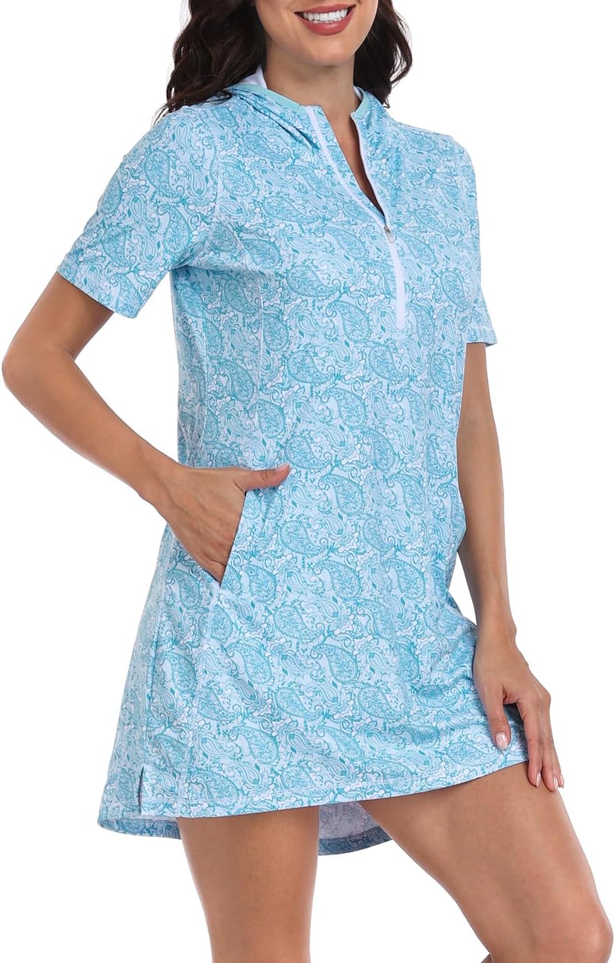 HDE Women's Short Sleeve Beach Coverup Dress with Hood UPF 50 Swim Cover Up - Image 4