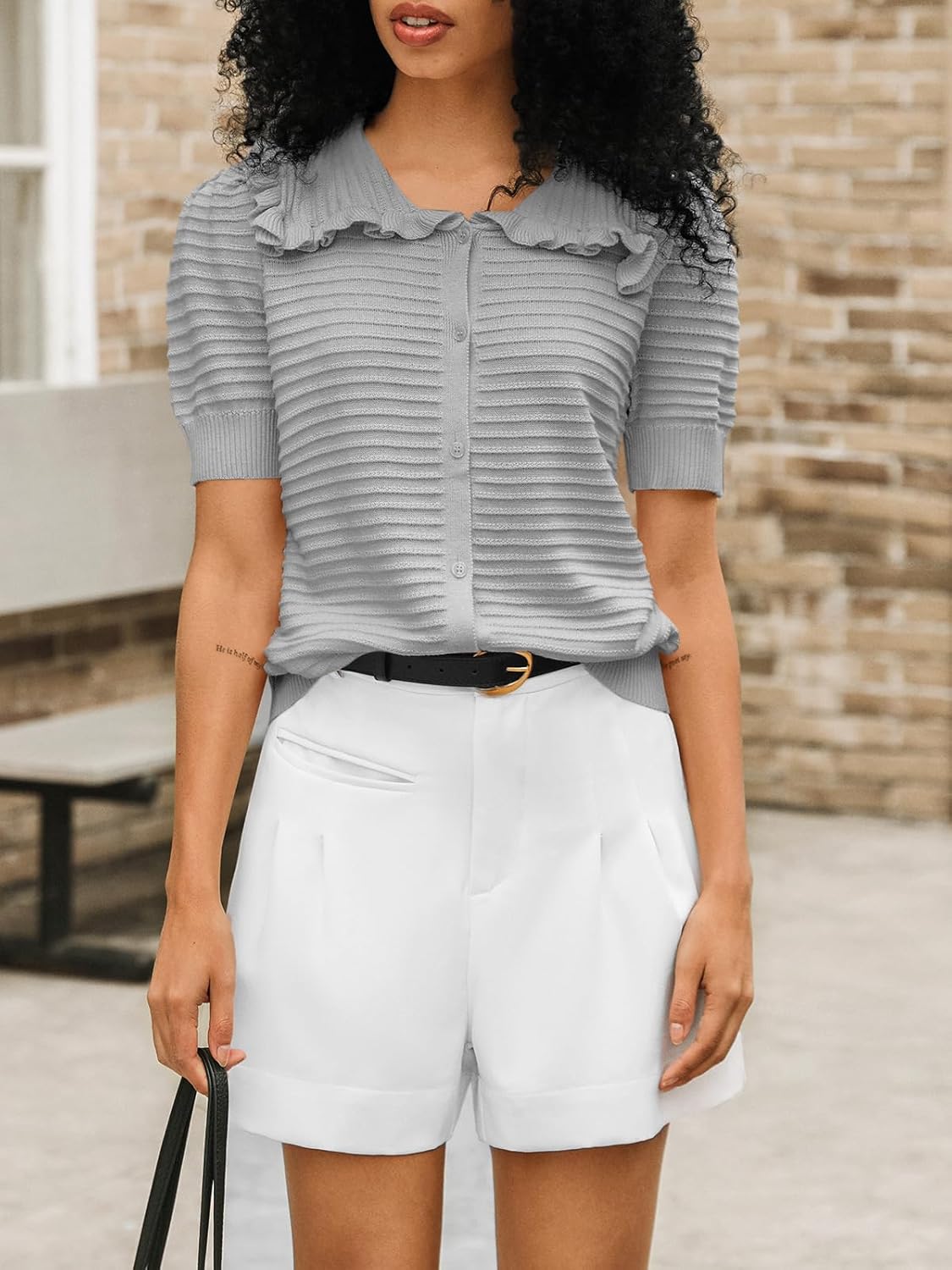Cicy Bell Womens Ruffle Cardigan Sweater Puff Short Sleeve Button Up Eyelet Tops Ribbed Knit Peter Pan Collar Cardigans