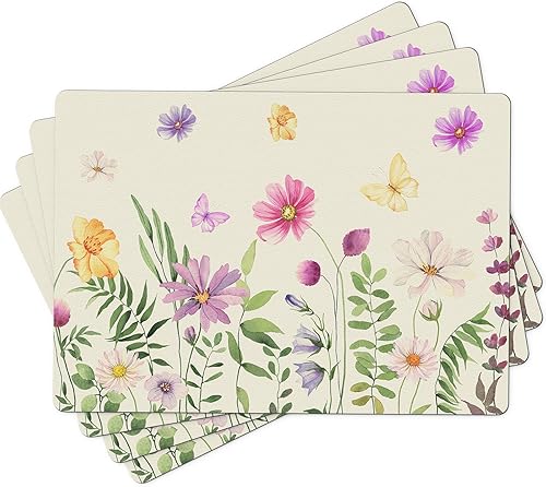 Wildflower - Juego de 4 manteles individuales de piel sintética con diseño de flores primaverales para cocina, mesa de comedor, interiores y