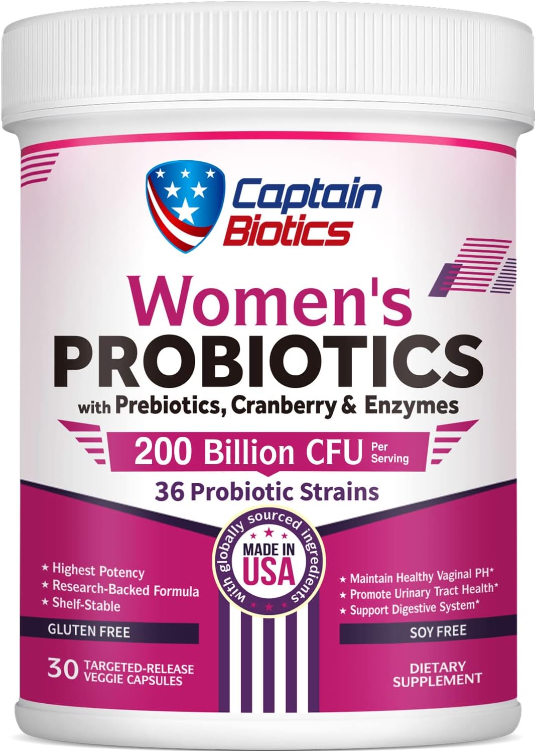 Women's Probiotics Highest Potency 200 Billion CFU 36 Strains plus Prebiotics Enzymes & Cranberry, Ultra Digestive & Vaginal Care, Shelf-Stable, Non-GMO, 30 Targeted-Release Vegan Caps