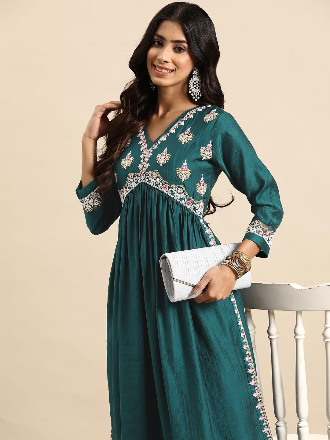 Amayra Women's Embroidered Alia Cut Kurta With Pant (Green, Xxl, Rayon) 2