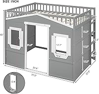 Vista 2 de Cama tipo loft de techo de casa de tamaño matrimonial con escalera, marco de cama de madera que ahorra espacio con barandilla y ventana